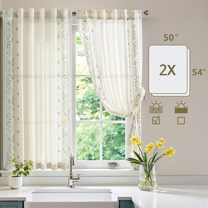jinchan Winslow Linen Curtains 54 Inch Length Small Window Curtains Embroidered Bordered Floral Drapes Light Filtering for Bathroom Laundry Room Kitchen Farmhouse Decor Sage on Beige 2 Panels
