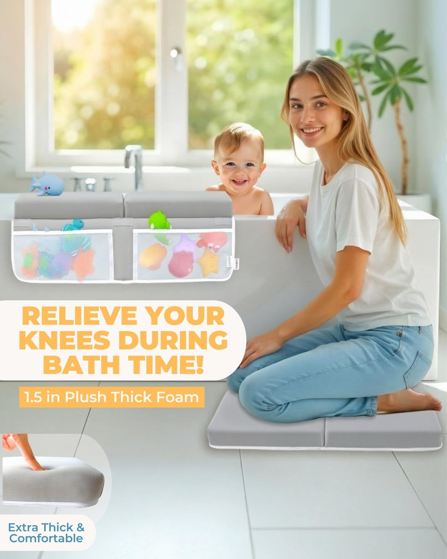 Comfortable Baby Bath Kneeler and Elbow Rest Pad Set – Thick Memory Foam Bath Kneeling Pad with Elbow Support – Baby Bathtub Cushion with Toy Organizer for Bathing Infant or Toddler - Grey