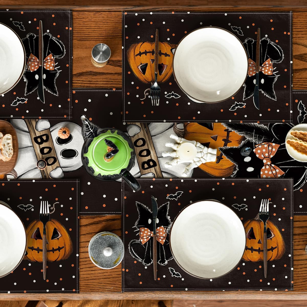 Artoid Mode Polka Dot Ghost Pumpkin Cat Boo Halloween Placemats Set of 2, 12x18 Inch Seasonal Fall Table Mats for Party Kitchen Dining Decoration