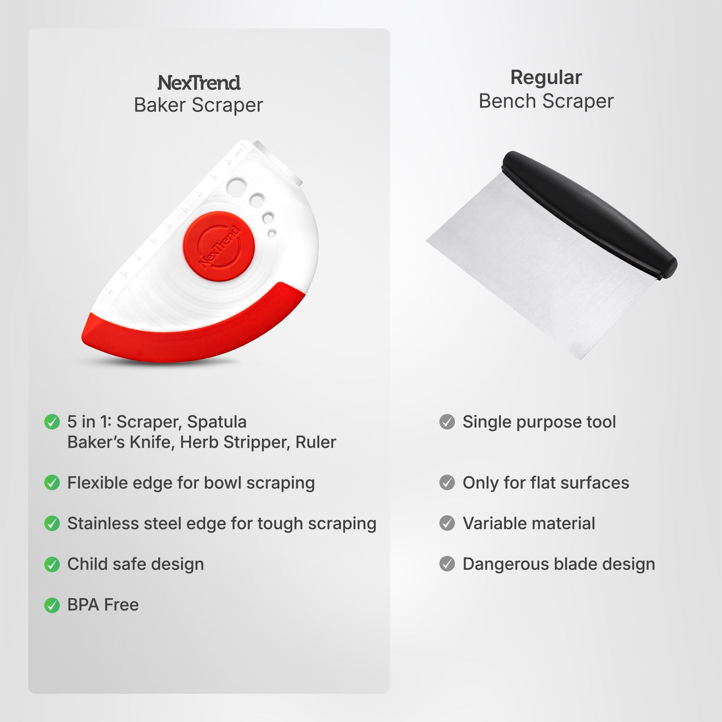5-in-1 Dough Scraper & Flexible Bowl Scraper by Nextrend, Bread Scraper with Stainless Steel Edge, Ruler & Herb Stripper – BPA Free, Dishwasher Safe - Red