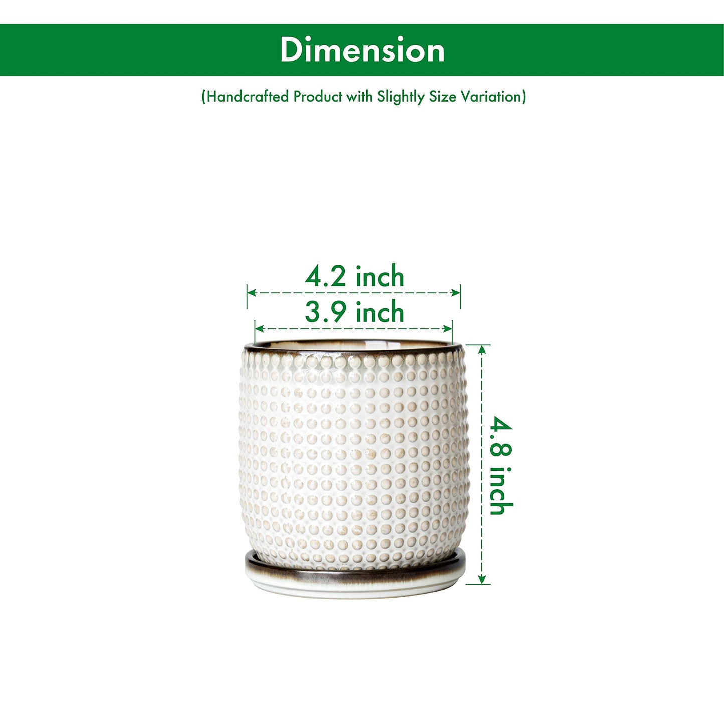 D'vine Dev Set of 2 Ceramic Plants Pots, 4 Inch Beaded Stoneware Flower Pot for Plants with Drainage Hole and Saucer, Smoked White, 27-E-Z-1