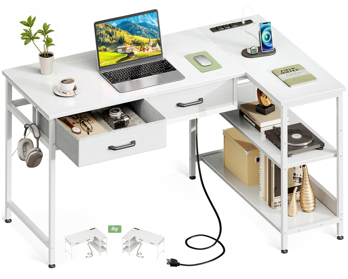 Coleshome 40 Inch L Shaped Computer Desk with 2 Drawers, Small Desk for Small Space, Home Office Table for Laptop Users, White