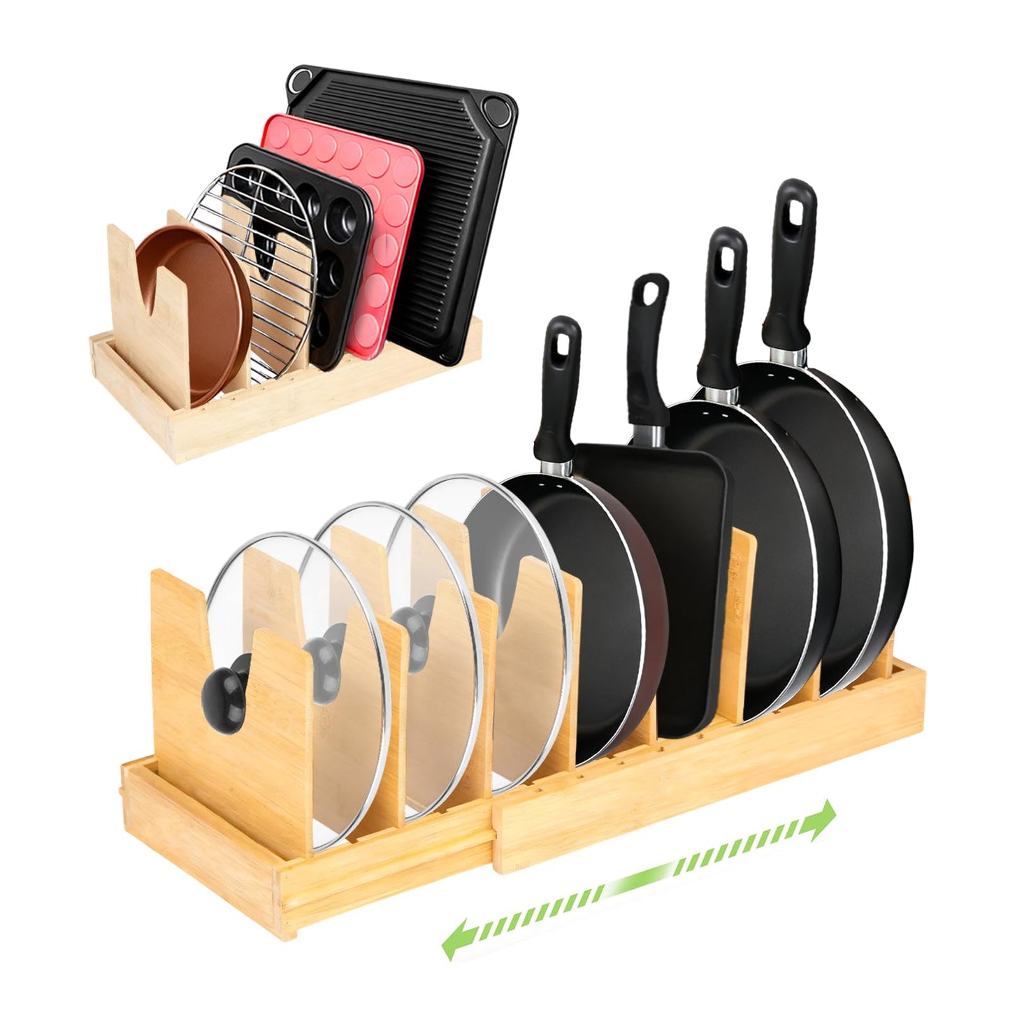 VKDDM Pots and Pans Organizer for Under Cabinet - Expandable Bamboo Pot Lid Organizer, Pan Organizers inside Cabinet, Drawer Pot Lid Holder Rack for Kitchen Organization and Storage