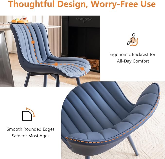 YOUNUOKE Mid-Century Modern Dining Chairs Set of 2, Navy Blue PU Leather Upholstered Kitchen Chairs with Navy Blue Metal Legs, Armless Accent Chair for Dining Room, Guest Reception Room