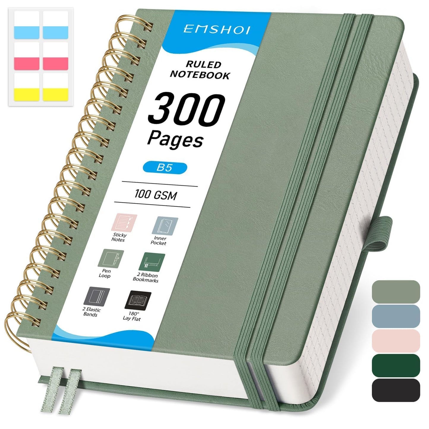 EMSHOI B5 College Ruled Spiral Notebook, Thick 300 Numbered Pages, 100GSM Ink-Proof PU Leather Hardcover Lay-Flat Lined Journal for Work Office School Writing, 7.48"x10.15", Light Green