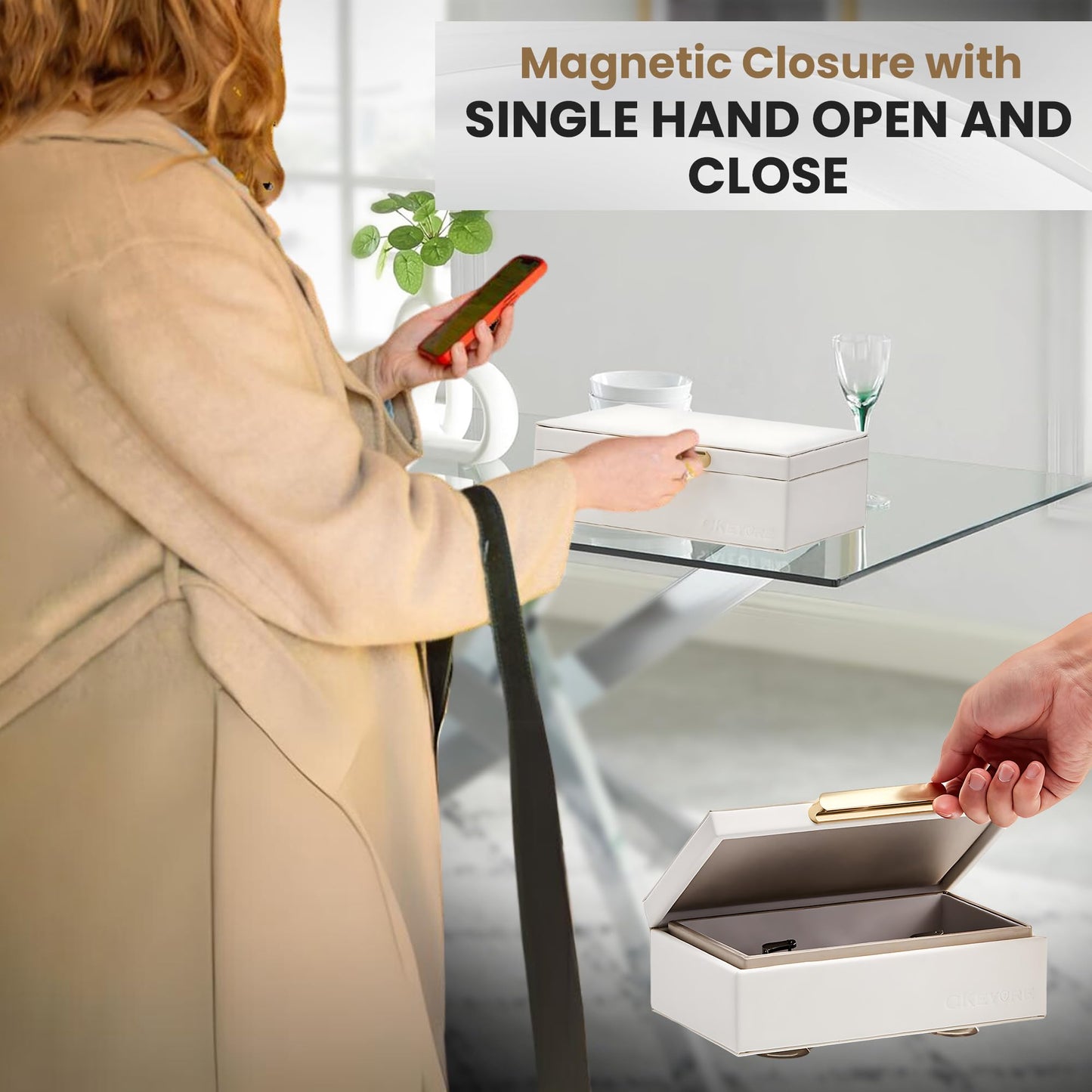 CKEYURE Key Box | Faraday Box for Car Keys | Car Key Signal Blocker Box | RFID Key Box | Key Holder | Key Safe | Signal blocking key box for car security | One Hand Operation (White)