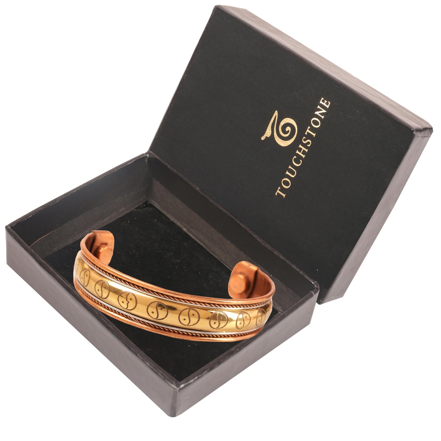 Touchstone handcrafted magnetic copper bracelet. Hand forged with solid and high gauge Tibetan style engraved cuff pure copper jewelry for women men. Yin Yang Pattern
