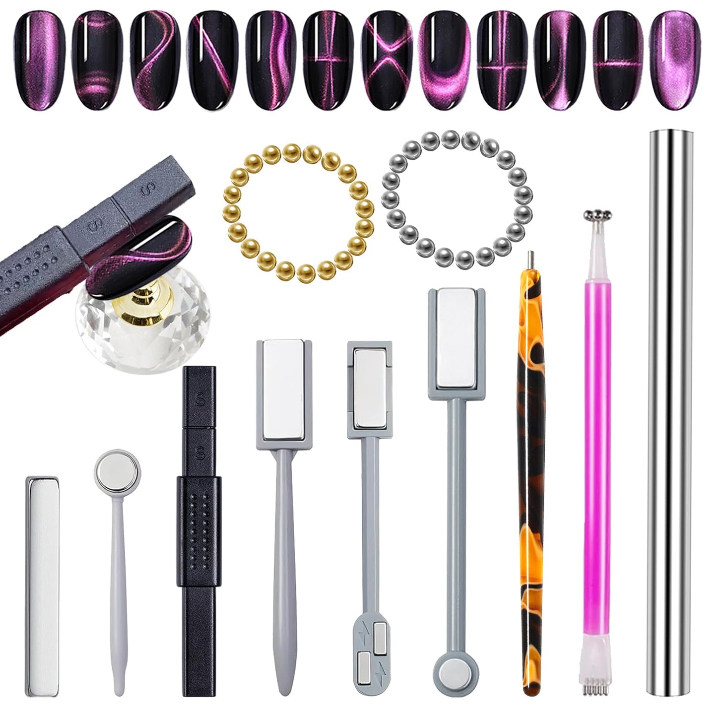 JERCLITY 49 Pieces Cat Eye Magnet for Nails Magnetic Beads with Water Ripple Effect Strong Cylindrical Nail Magnet Square Nail Magnet Double-Head Multi-Function Magnet for Cat Eye Gel Polish