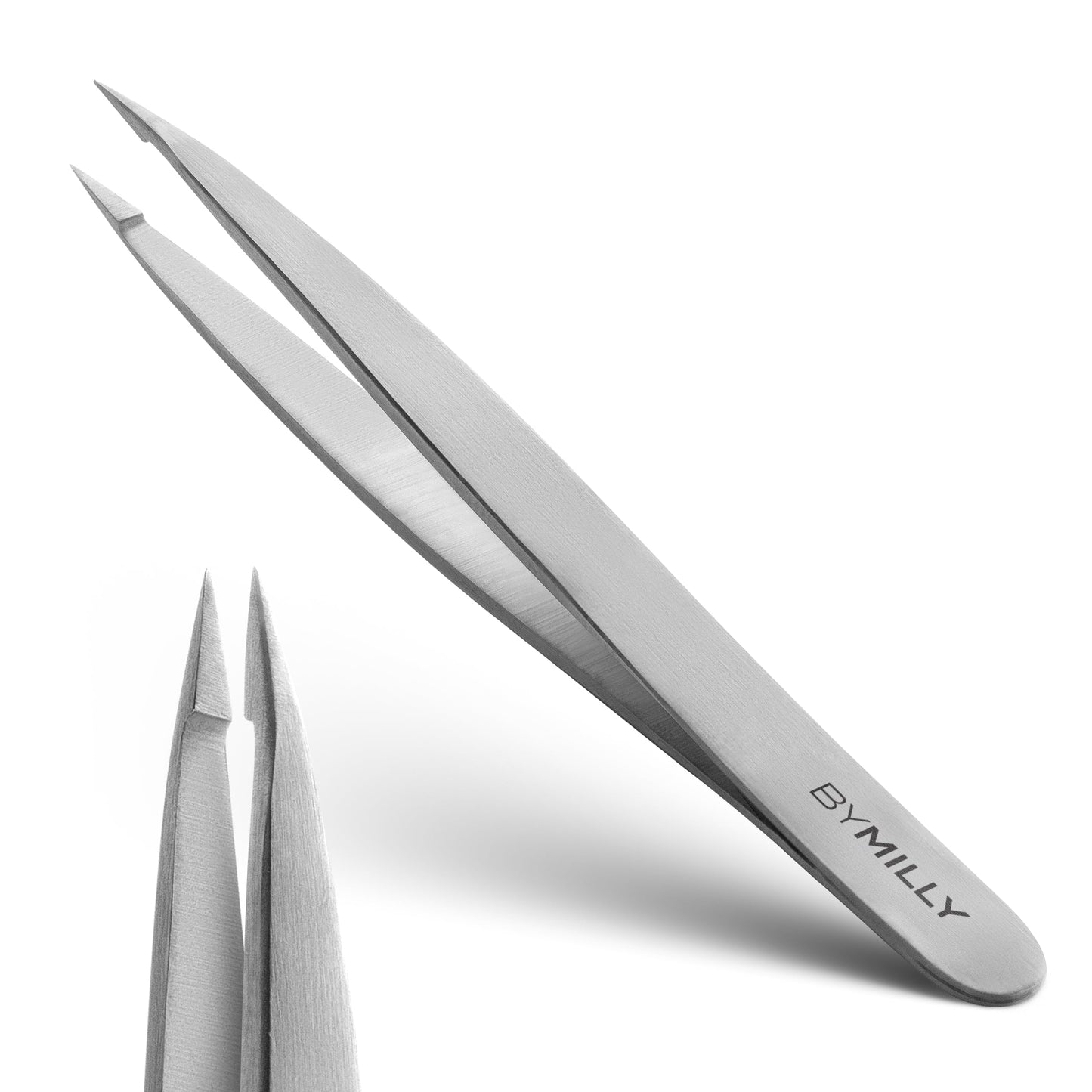By MILLY Pointed Tweezers | High Carbon Stainless Steel Needle Nose | Fine Point Precision Hair Removal | Perfectly Aligned & Hand-Filed Sharp | Silver