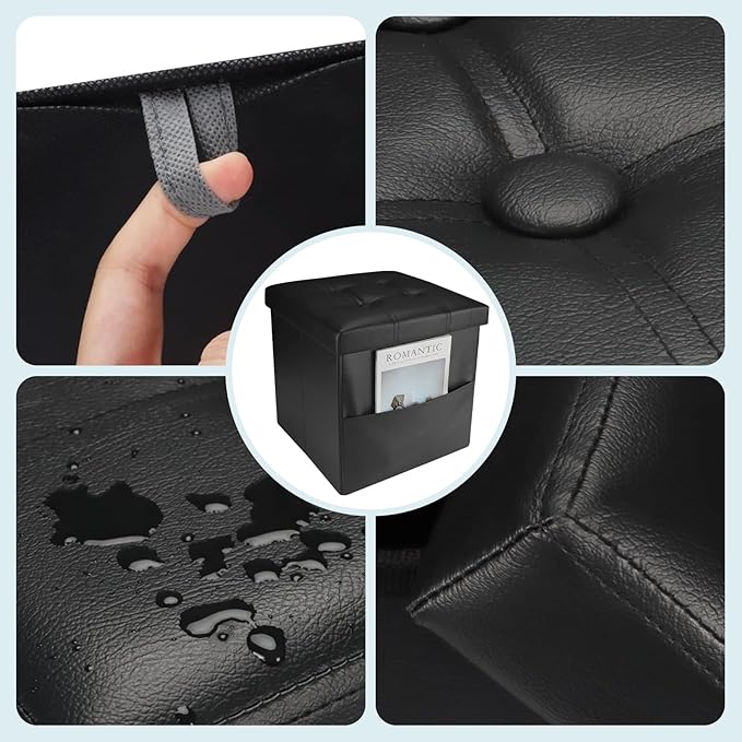 Storage Ottoman Foot Rest Stool, Small Leather Storage Ottomans Bench, Folding Footstool with Side Pockets, Foot Rest Under Desk for Living Room Bedroom, 15x15x15 in, Black
