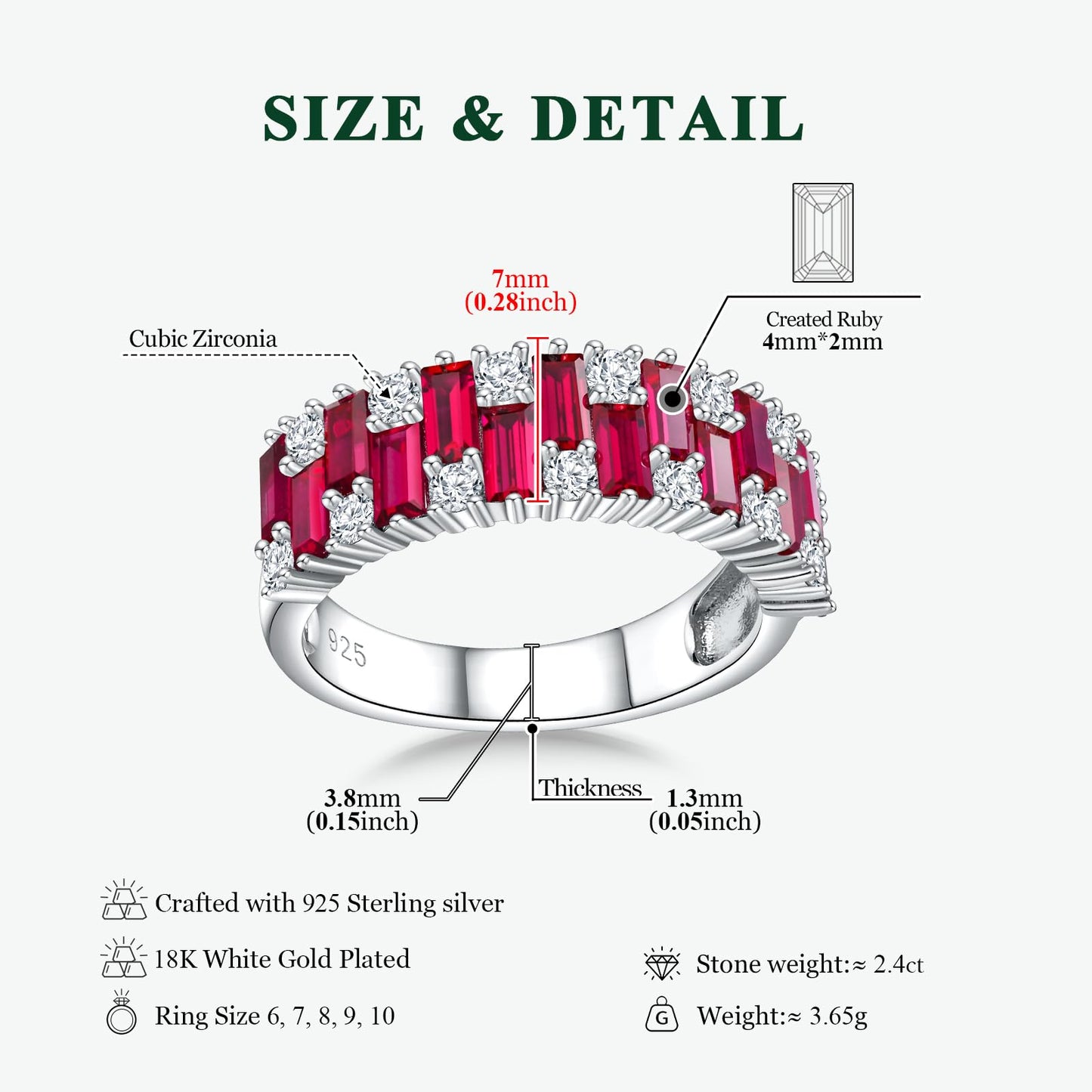 RANDES Ruby Wedding Bands for Her 925 Sterling Silver Emerald Cut Created Red Stone Eternity Band Rings for Women Size 8