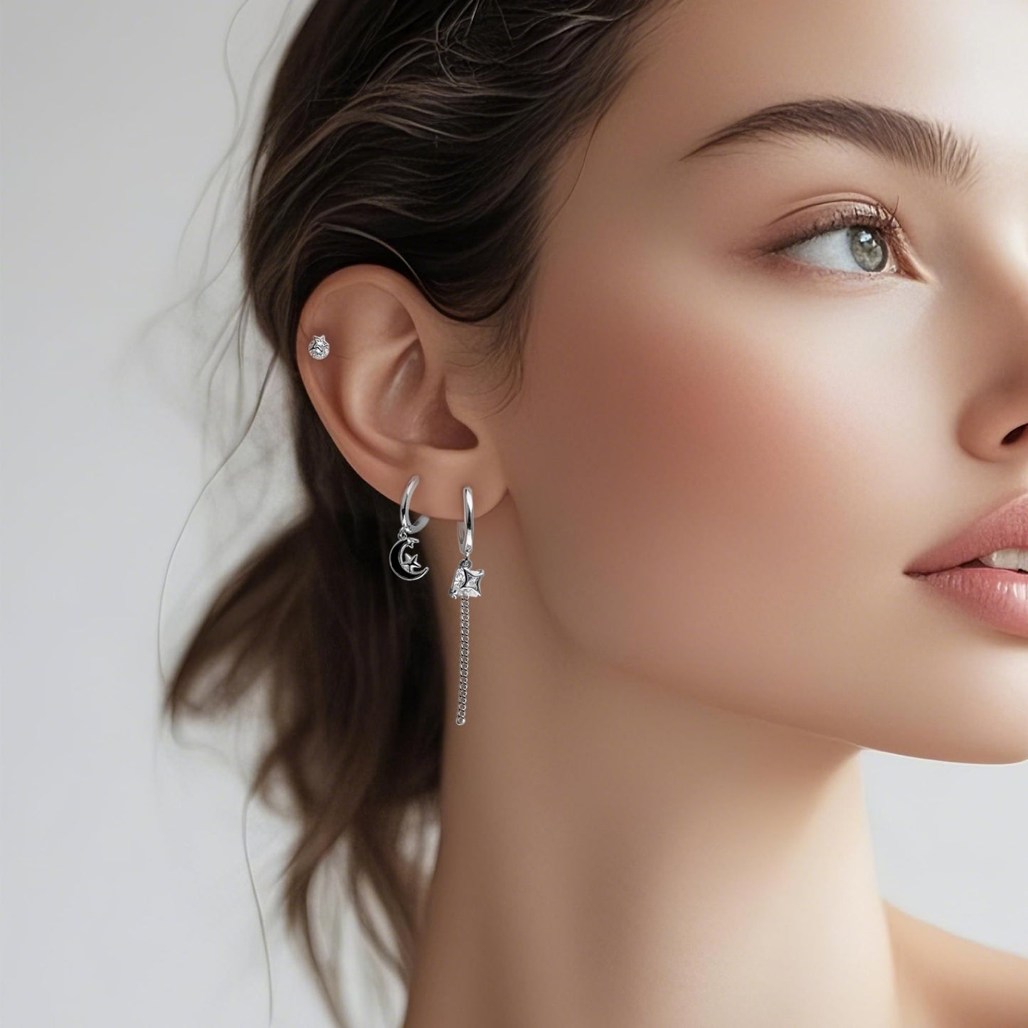 Frigotine 3PCS Silver Star Hoop Stud Earrings Stack Set for Women, Dainty Rhinestone Star Black Enamel Moon Planet Tassels Multiple Piercing Cartilage Prom Fashion Jewelry Gift
