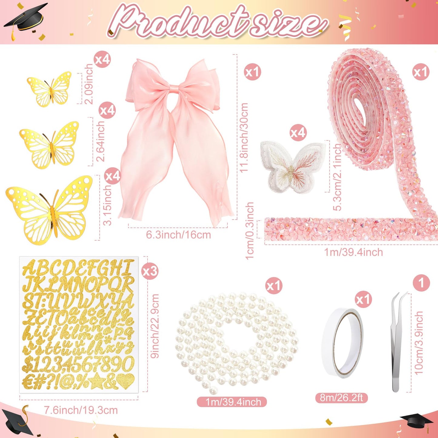 Wavwavw 58 Pcs DIY Graduation Cap Decorations Kit Grad Cap Decor Included Faux Flowers Bow Mesh 3D Butterfly Stickers, Adhesive Rhinestones, Glitter Letter Stickers, for 2026 Grad Party(Pink)