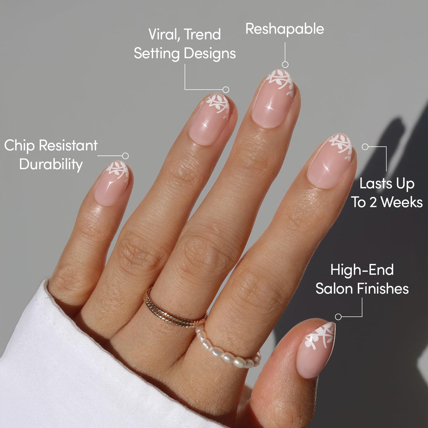Glamnetic Press On Nails - Love Preserved Spring Nails | Short Oval Fake Nails in Semi-Transparent Base with White Floral Tips in a Glossy Finish | 15 Sizes - 30 Nail Kit with Glue