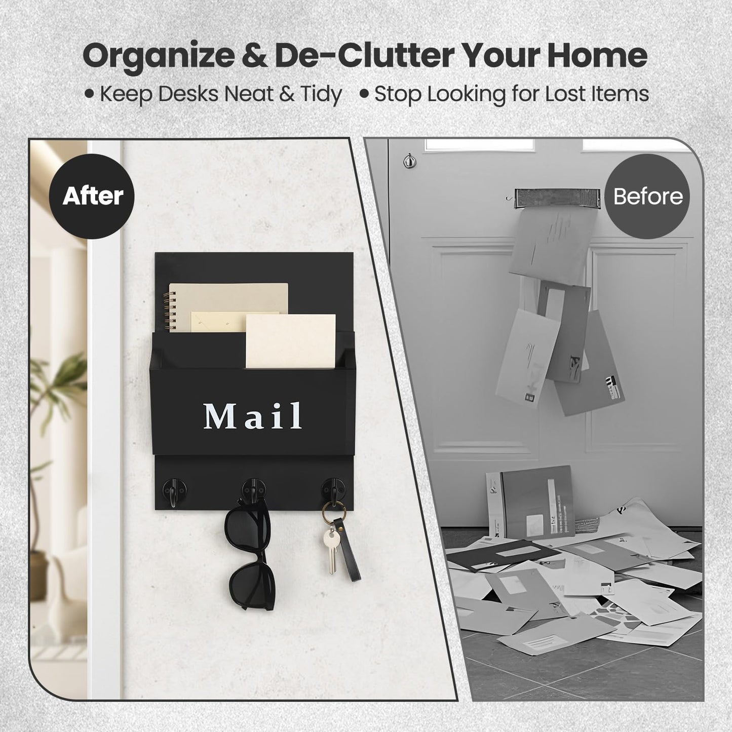 Lucundm Mail and Key Holder - Decorative 8.86" x 11.42" Wall Key Hanger with 2 Mail Organizer Slots and 3 Hooks - Real Paulownia Wood with Keyhole Brackets, Hardware and Instructions (Black)