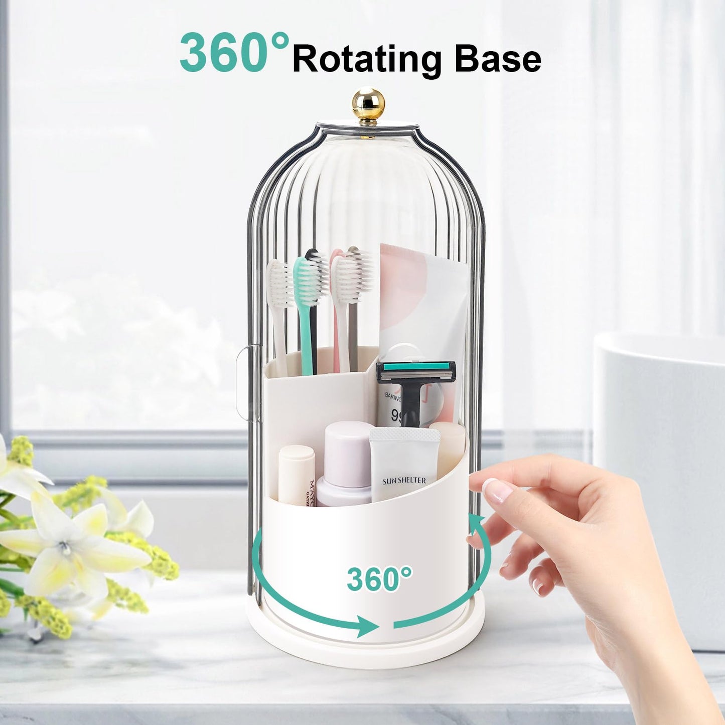 QIYVLOS Toothbrush Holders with Sliding Lid, Rotating 3 Slots Bathroom Organizer Countertop, Tooth Brush Toothpaste Holder Bathroom Counter Stand Sink Organizer Caddy for Vanity Makeup Brushes Holder