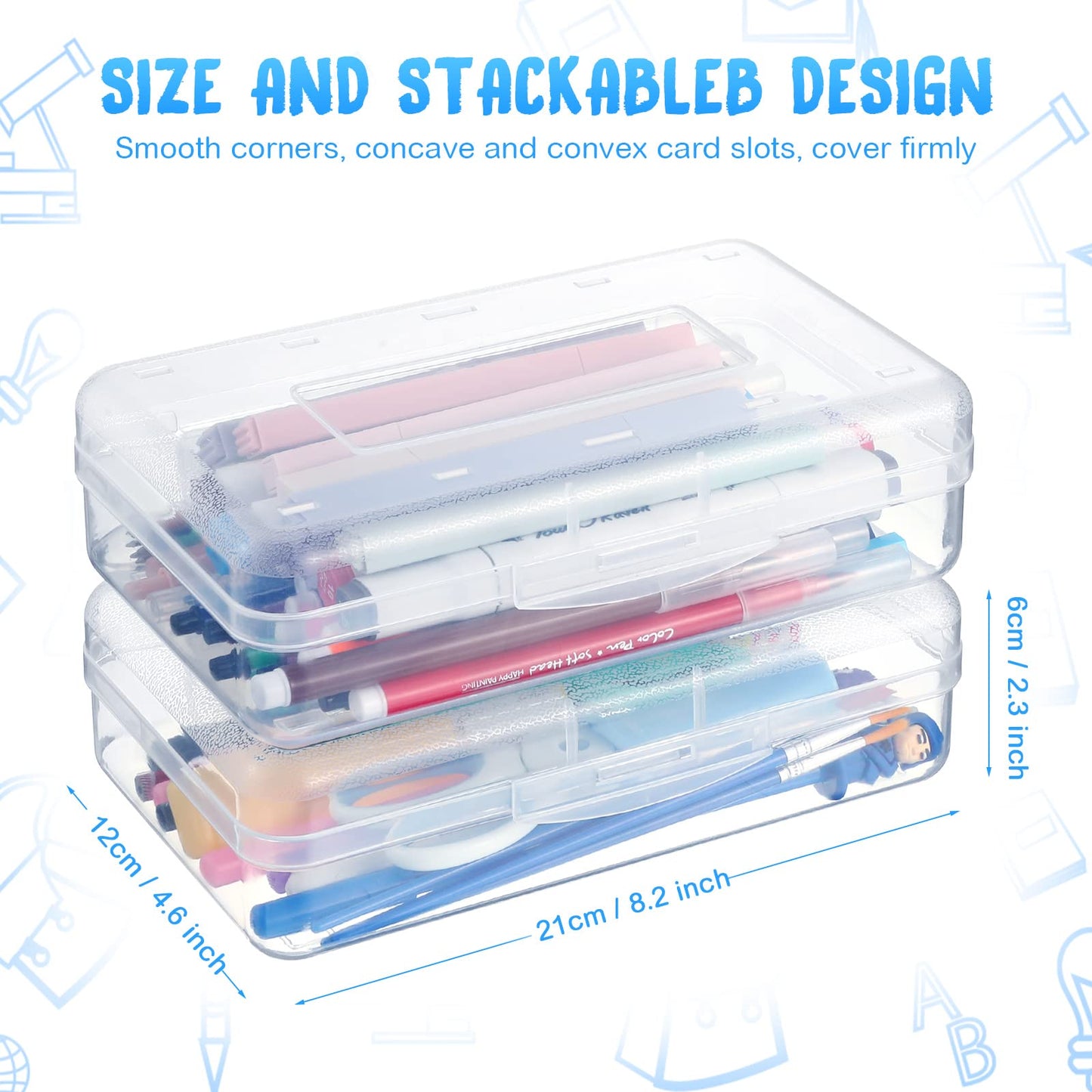 Leelosp 12 Pack Clear Pencil Boxes for School Bulk Plastic Pencil Case with Lid Hard Large Crayon Storage Box Stackable Classroom Stationery Organizer School Supplies for Adult(Clear)