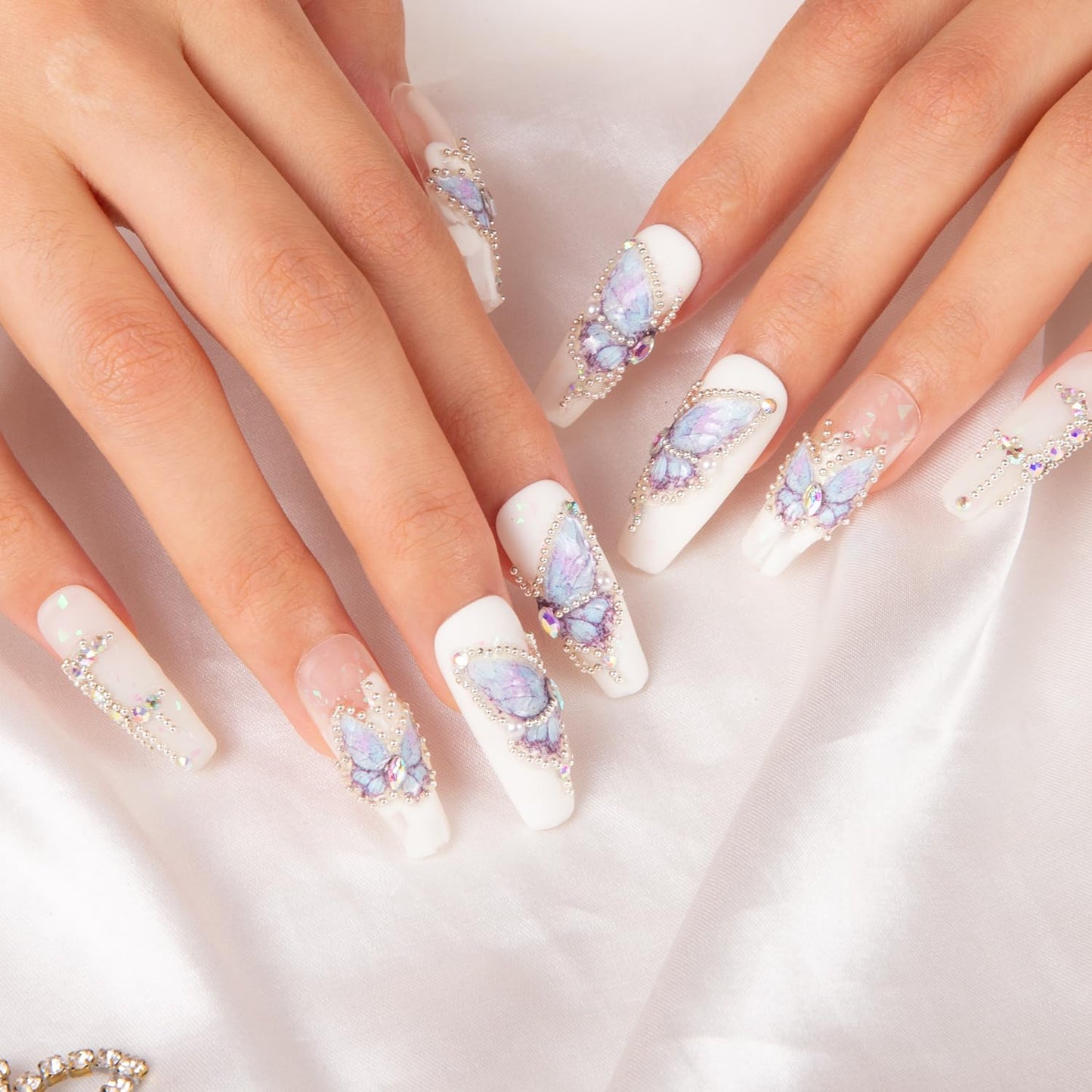 LOVFUL Press on Nails Holly Blue | Handmade with Full Covered Crystals | Reusable Fake Nails | Coffin Classic Regular 1.3 in | H23-S
