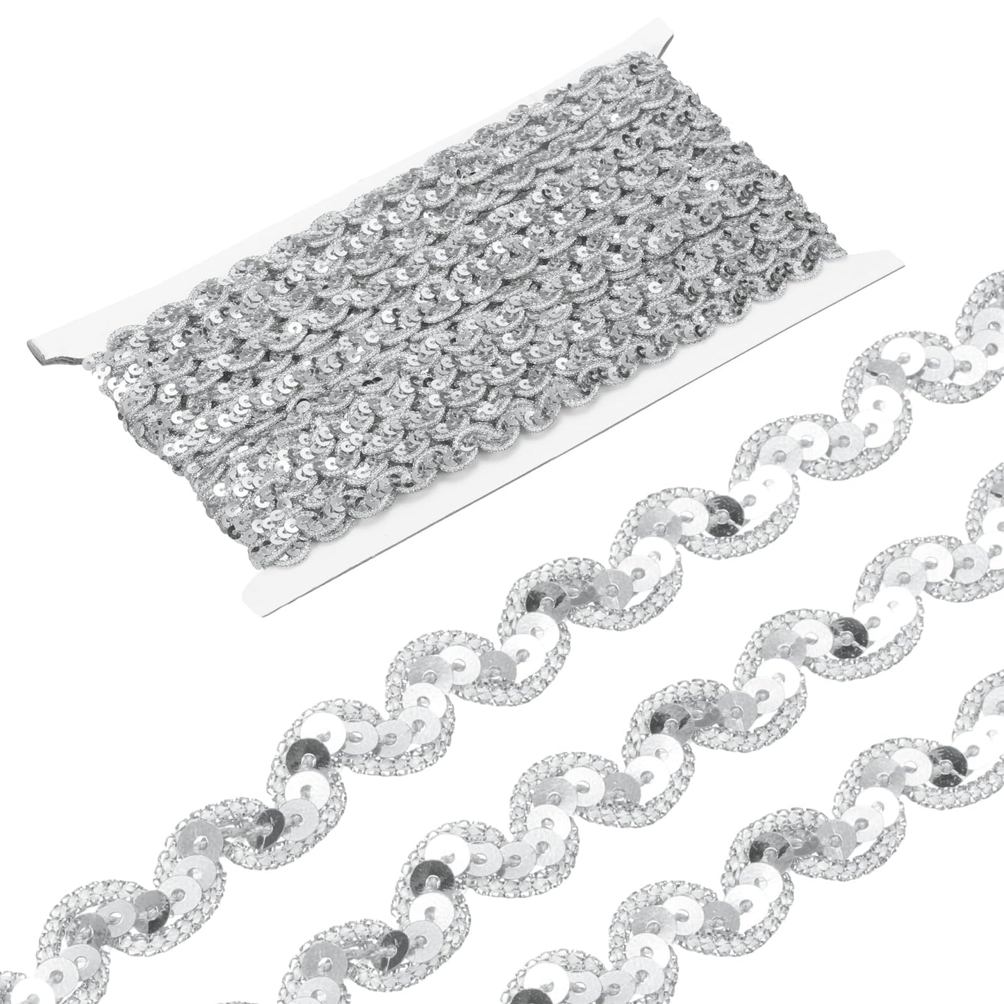 MECCANIXITY 15 Yards Sewing Sequin Trim 0.4 Inch Sequin Braid Beaded Lace Trim Strip Paillette Ribbon for Crafts, Embellishments, DIY Sewing Costume Silver