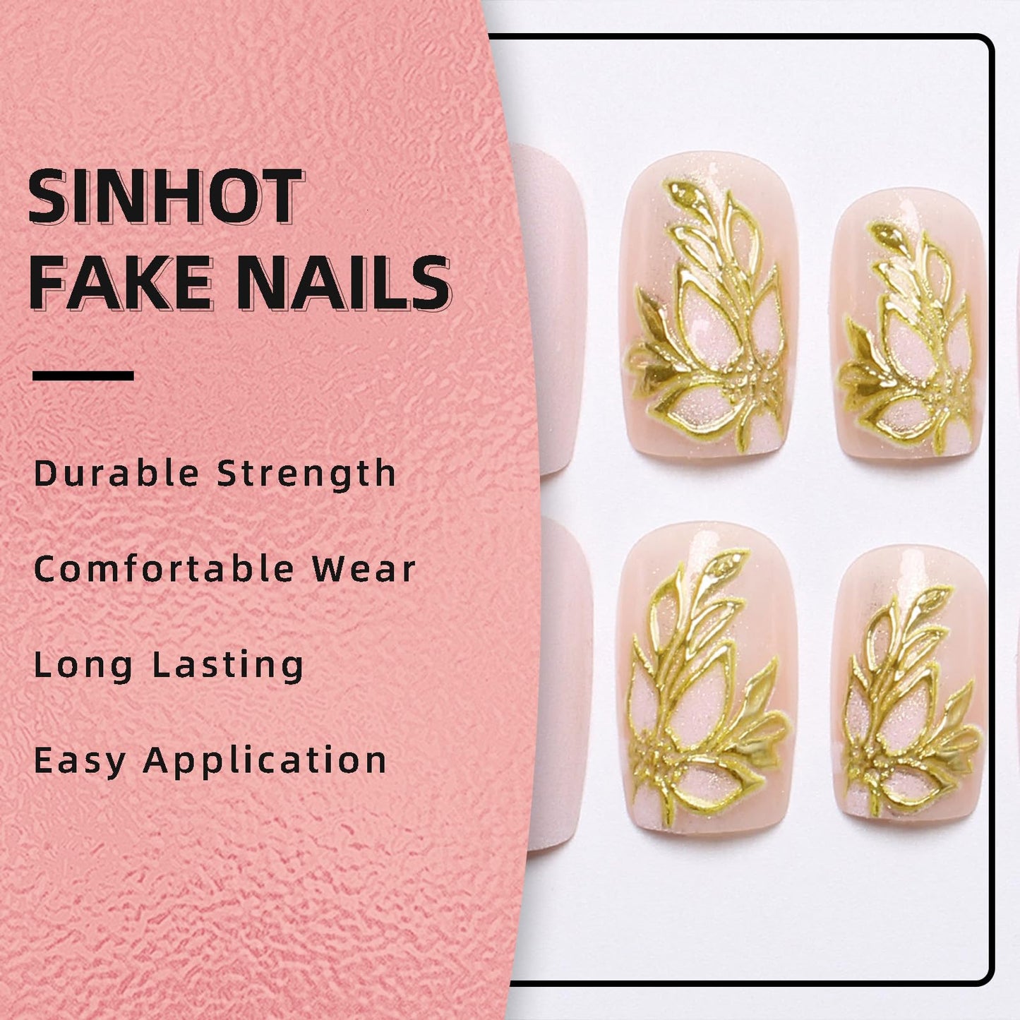 SINHOT Square Press on Nails - Medium Fake Nails, Glossy Finish, Gold Chrome Butterfly & Nude Natural, DIY Artificial False Nail Art - 24 Pcs Nail Kit with Glue