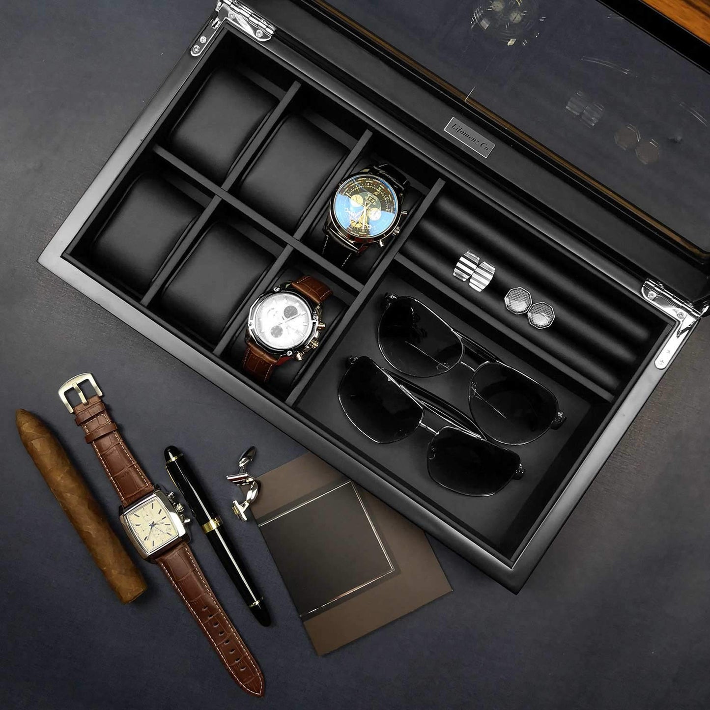 Lifomenz Co Men's 6 Slot Watch Box, 8 Pair Cufflinks & Sunglasses Display Case, Brown PU Leather & Glass Top