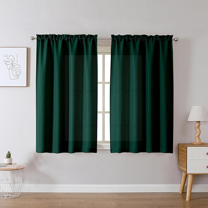 Chyhomenyc Christmas Hunter Green Curtains 45 Inch Length 2 Panels, Faux Linen Textured Light Filtering Soft Airy Rod Pocket Window Treatment Drapes for Living Room Bedroom, 30Wx45L Inch, 2 PCS
