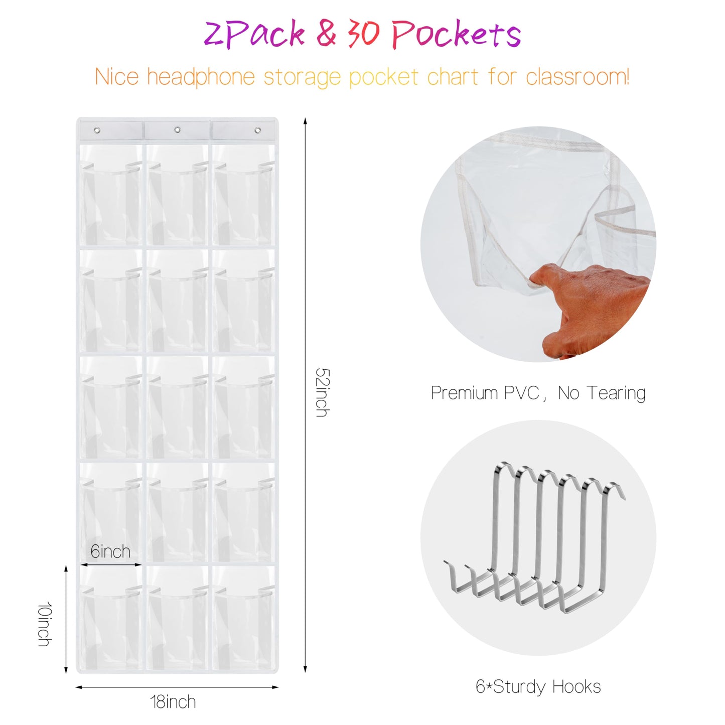 kieeroden 2 Pack Classroom Headphone Storage Organizer with 30 Pockets, PVC Clear Classroom Pocket Chart for Headphone Cell Phone Over-the-Door Hanging Headphone Holder Bag with 62 Labels(White)