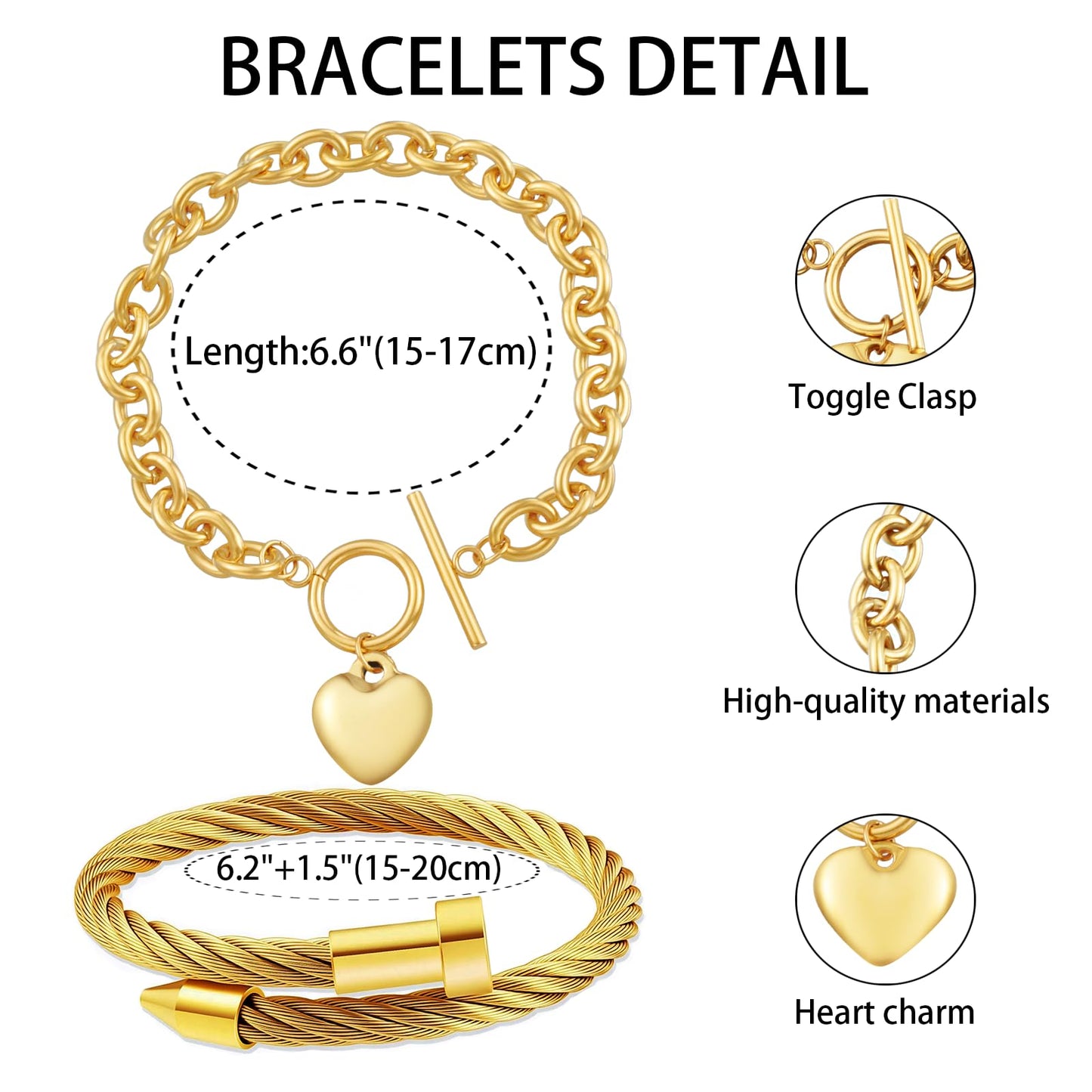 LCTrusttmor Gahna Heart Bracelets for Women, Stackable 18K Gold Plated Heart Charm with Adjustable Link Chain Set Dainty Jewelry Gifts