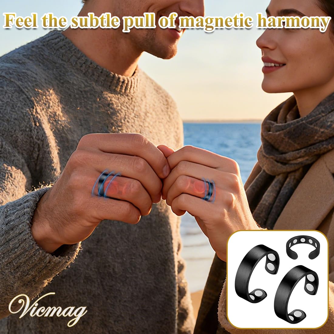 Vicmag 2PCS Magnetic Copper Rings for Women & Men,99.99% Pure Copper Ring with 9X Magnets Gift Adjustable(9X Black)