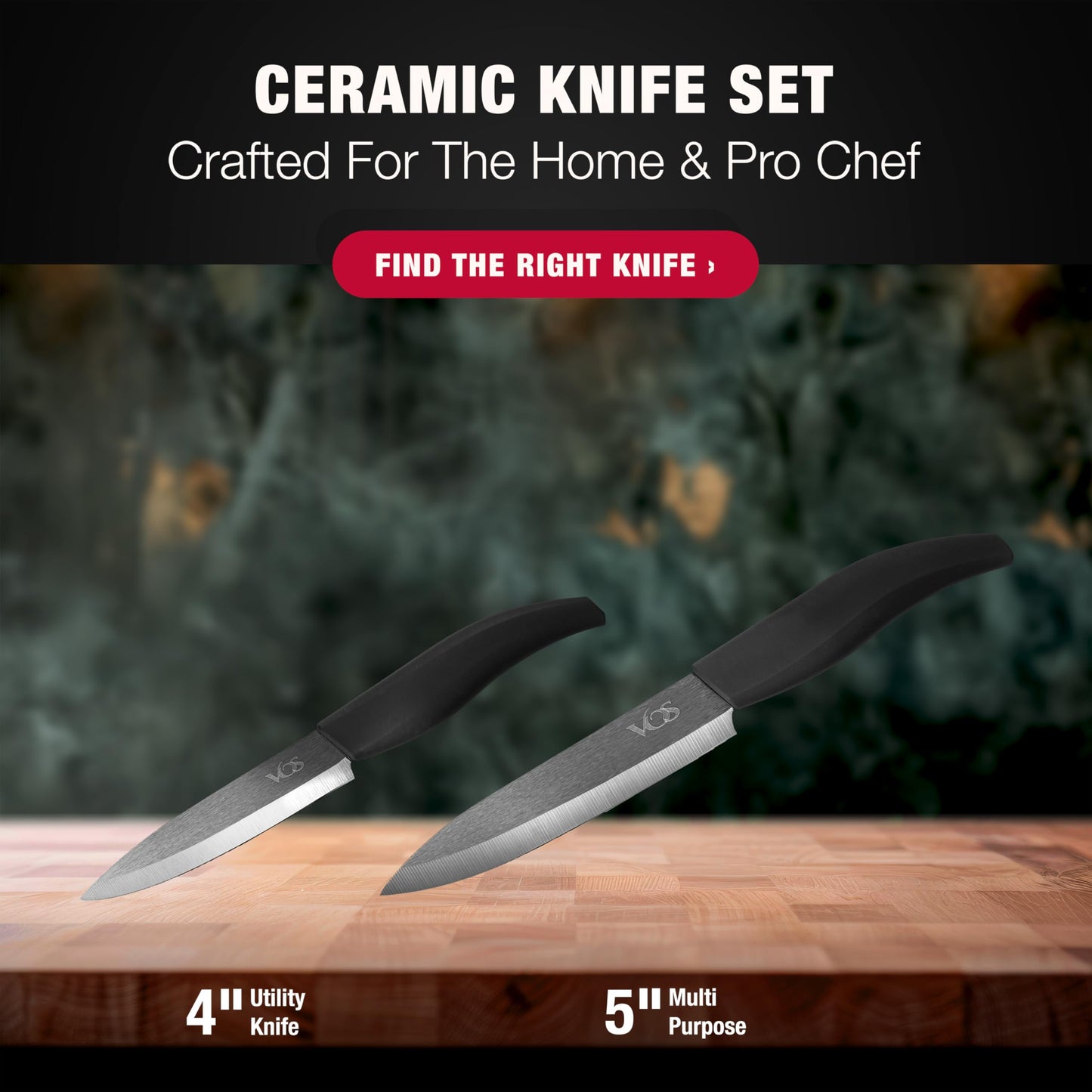Vos ceramic knives set for kitchen in gift box, set of 2 ceramic knife with cover, 5.5" santoku & 4.5" utility for home cooks, Ultra Sharp, lightweight, rust-free, dishwasher safe (Black handle)