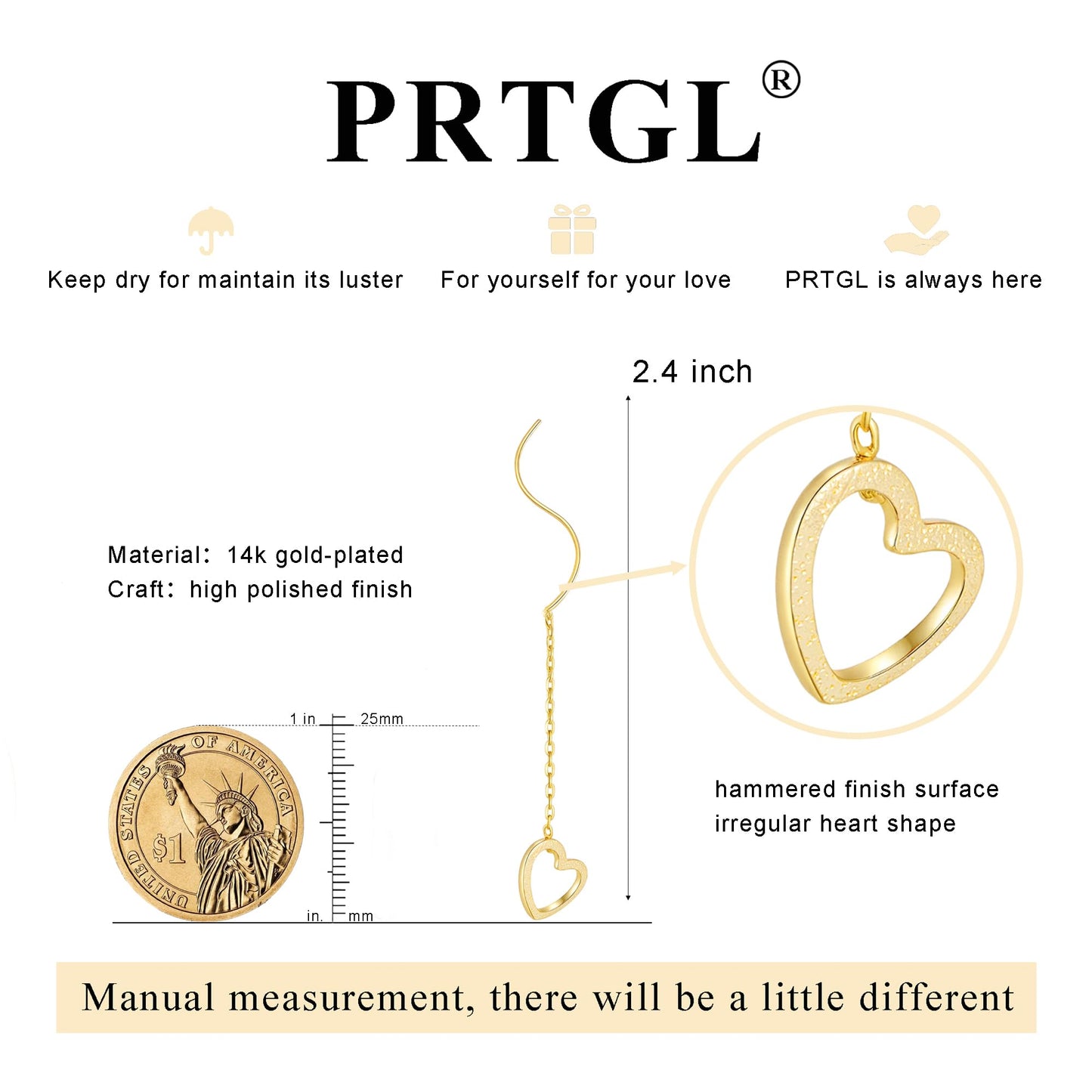 PRTGL Dangle Earrings for Women - 14K Gold Plated Love Heart Long Dangle Earrings for Women Wedding Bridal Bridesmaid