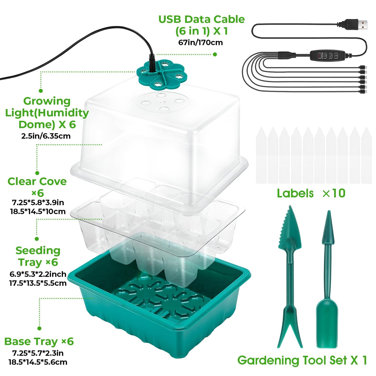 Seed Starter Tray with Grow Light, 6pcs Seed Starter Kits with Light and Humidity Domes, Timing Controller & Adjustable Brightness & 3 Light Mode, Indoor Seedling Starter Plant Germination Trays