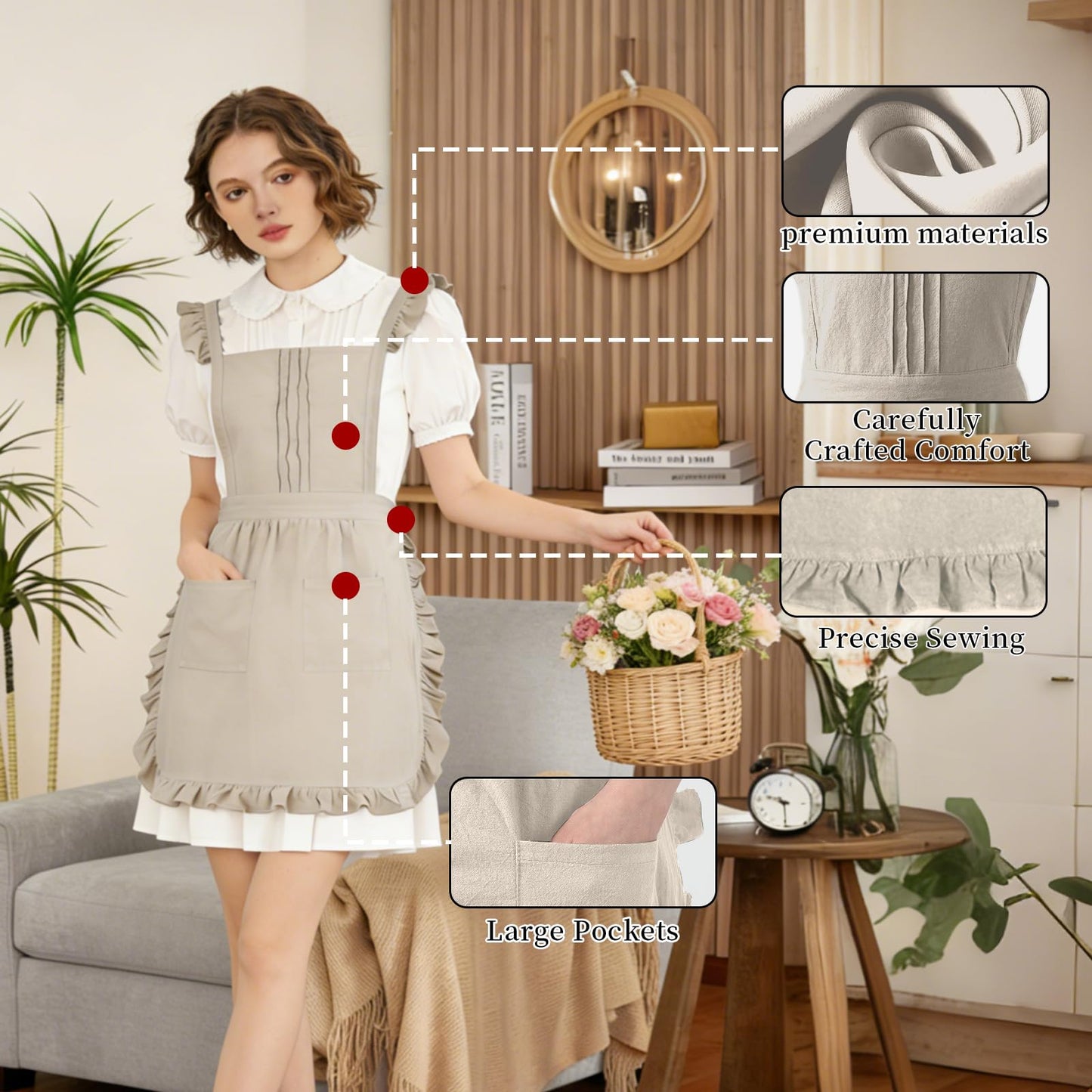 Vintage Ruffle Apron for Women with Pocket, Frilly Kitchen Cooking Waitress Maid Costume Skirt Style（Beige）