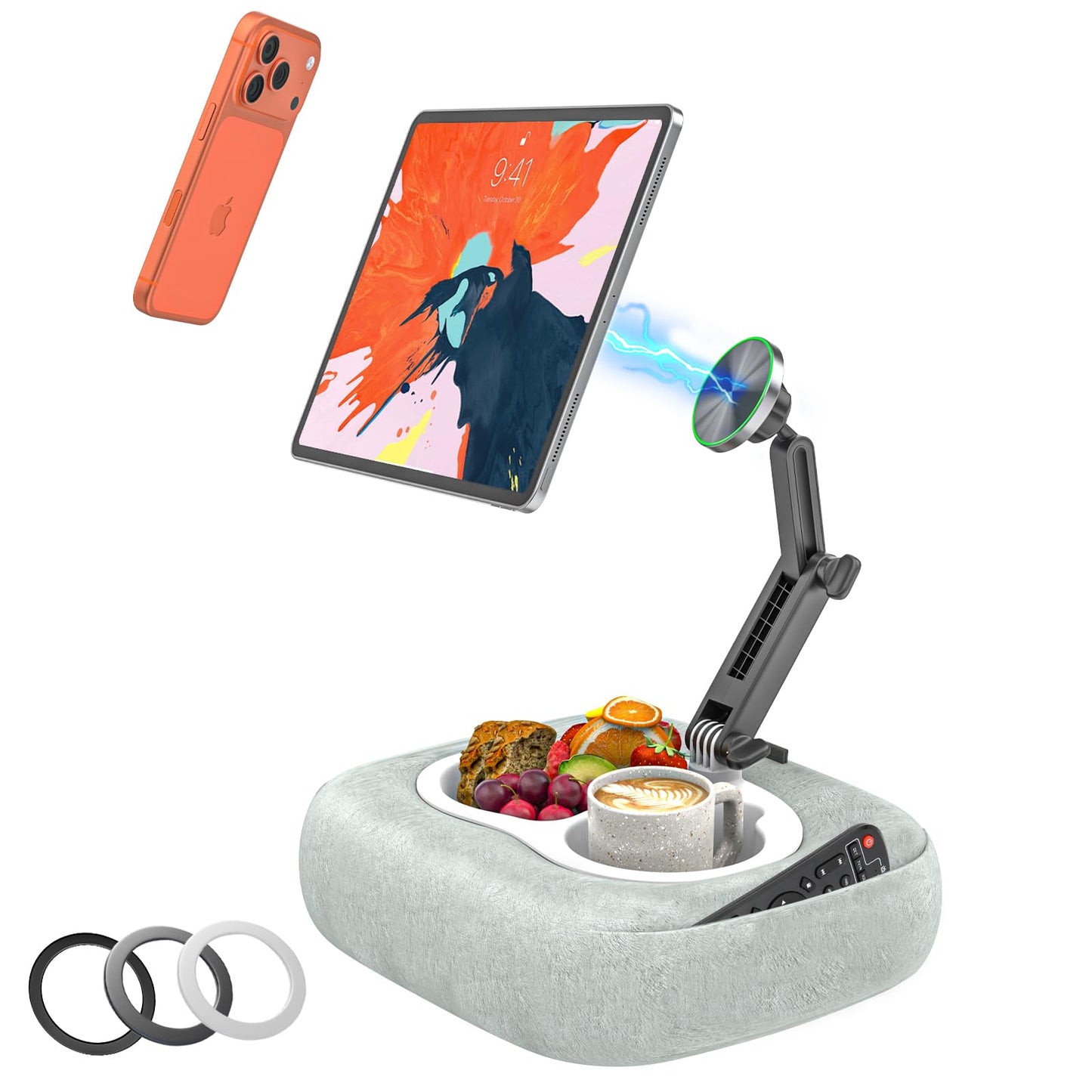 Cuxwill Magnetic Tablet Pillow Stand for iPad, iPhone [Strong Magnet & Cozy Skin-Friendly ] Phone Pillow Stand for Lap/Bed/Couch/Desk, Fits 4-13" iPad, Kindle, Galaxy Tab, Phone, with 3 Magnetic Rings