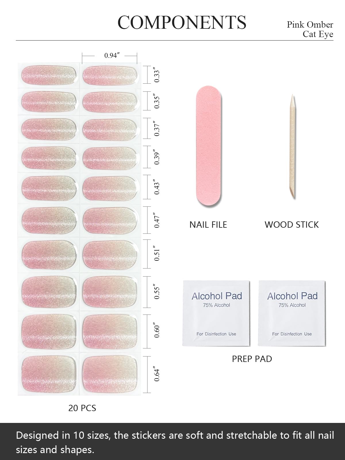 AutyaMee Semi Cured Gel Nail Strips (Pink Omber Cat Eye), Nude Gradient, 20 Pcs Gel Nail Wraps, Stickers, UV Light Required, Salon Quality, Long Lasting