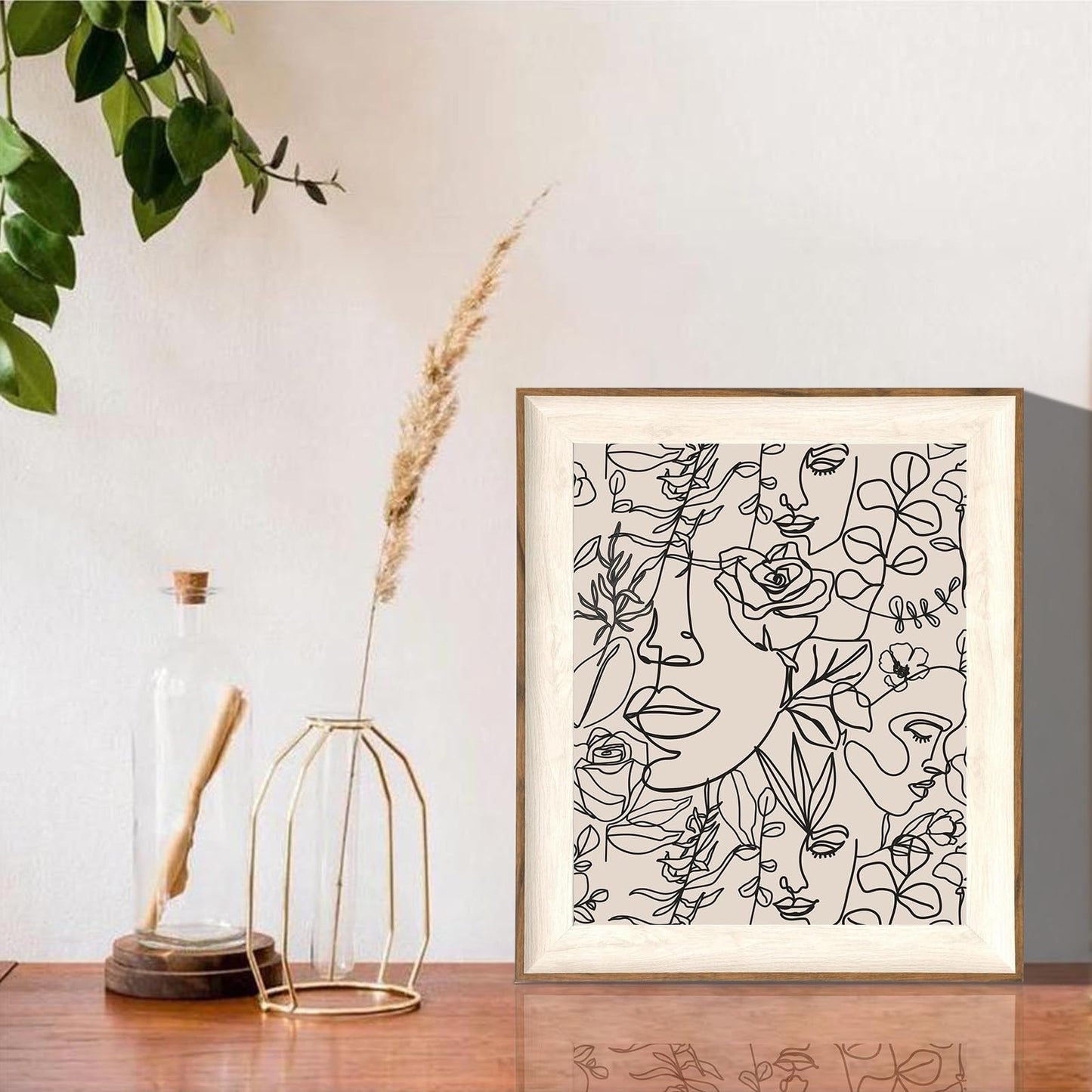ASTRDECOR Abstract Framed Wall Art, Minimalist Boho Art Prints Women Portrait Line Art Wall Decor, Mid Century Wall Prints, Boho Wall Art Canvas, Neutral Black Beige Bedroom Decor - 10''x12''