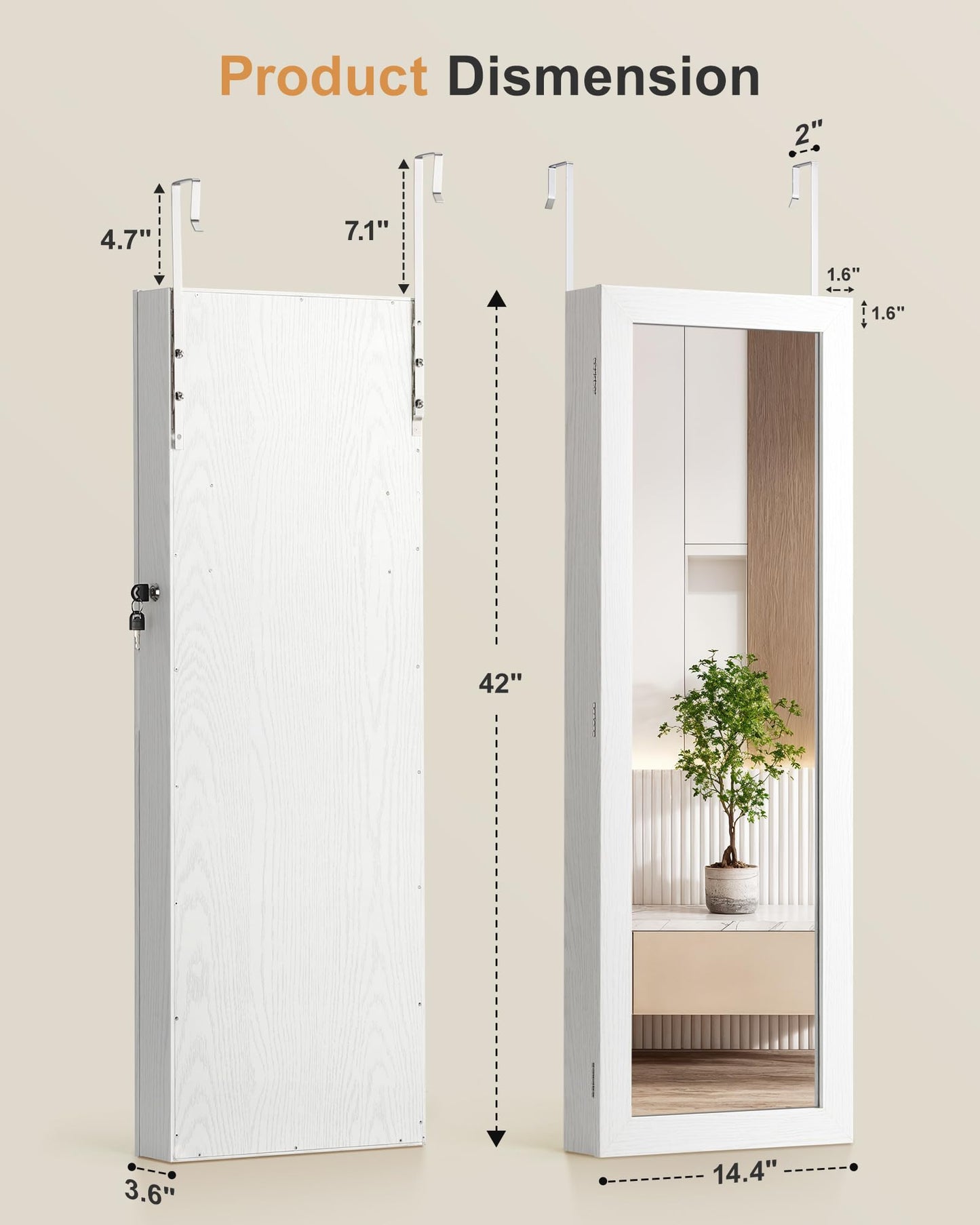Nicetree 6 LEDs Mirror Jewelry Cabinet, Large Capacity Lockable Jewelry Armoire Organizer, Door or Wall Mounted Mirror with Jewelry Storage, Gift Idea, White