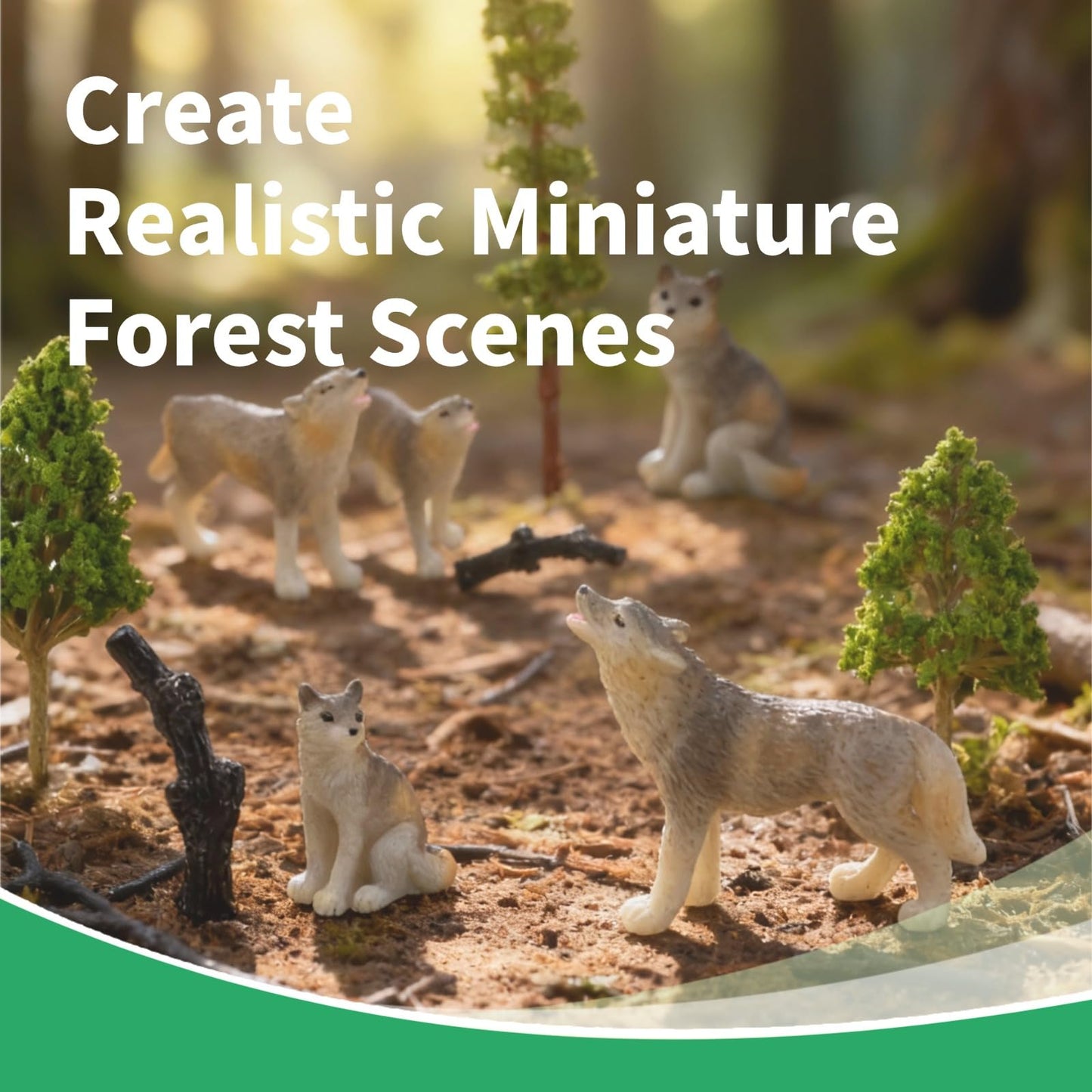 Woodland Wolf Figurines Small Resin Set, Wolf Figures Miniature with Model Trees Kit, Wolves Coyote Forest Animals Miniature Wolf Pack for Cake Toppers Diorama Projects Terrarium Landscape Decor 12Pcs