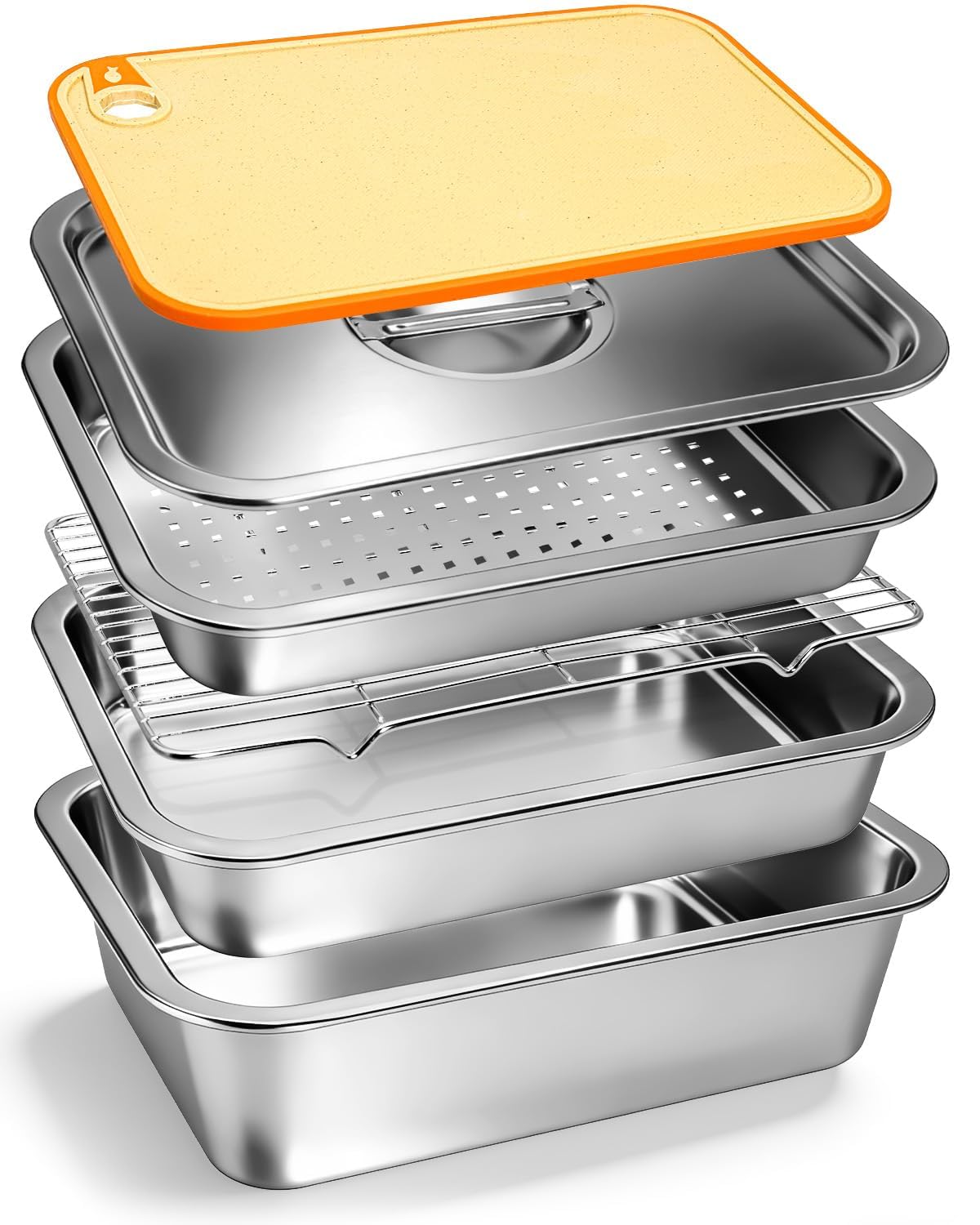 Matchwaves Grilling Prep and Serve Trays with Lid, Stainless Steel Large Grill Carry System, Deep Marinating Container with Cutting Board for BBQ Outdoor Grilling, Pro Series