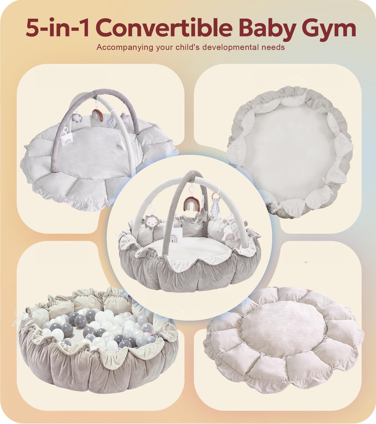 5-in-1 Thick & Plush Baby Play Gym, Baby Play Mats for Floor, Tummy Time Mat with 6 Toys, Convertible Stage-Based Developmental from Babies to Toddlers, Ball Pit, Grey
