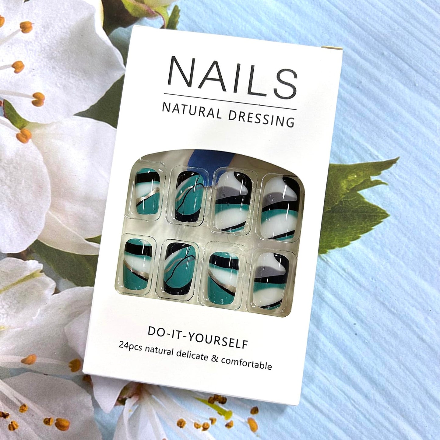 CJDLTS Aurora Green Stripe Design Square False Nails - Glossy Artificial Full Cover Acrylic Coffin Nails - 24Pcs