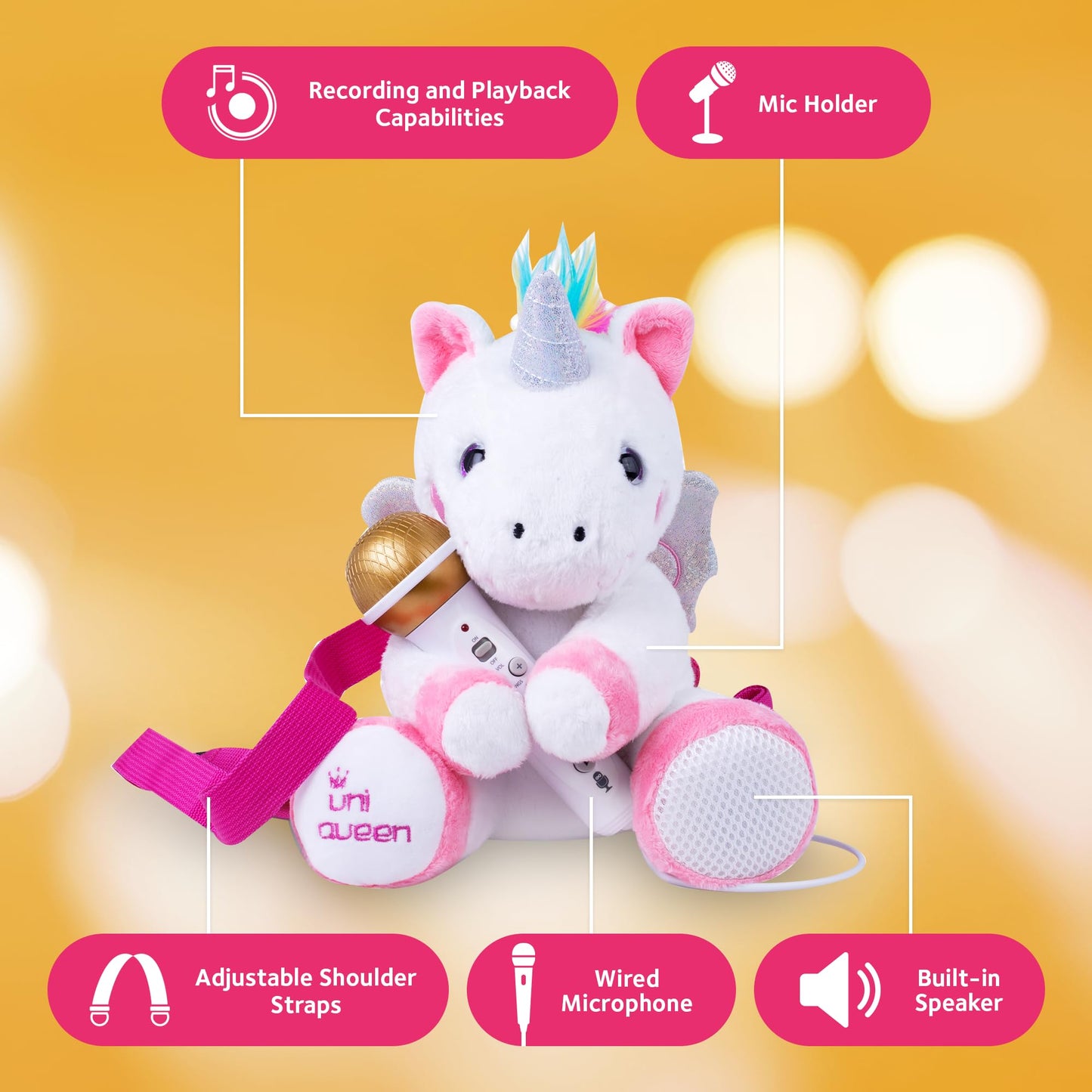 Singing Machine Portable Karaoke Machine for Kids, Plush Toy Backpack with Microphone - The Sing Along Crew, Uni Queen (White & Pink) - Built-In Karaoke Speaker with Songs, Sound Effects, & Recorder