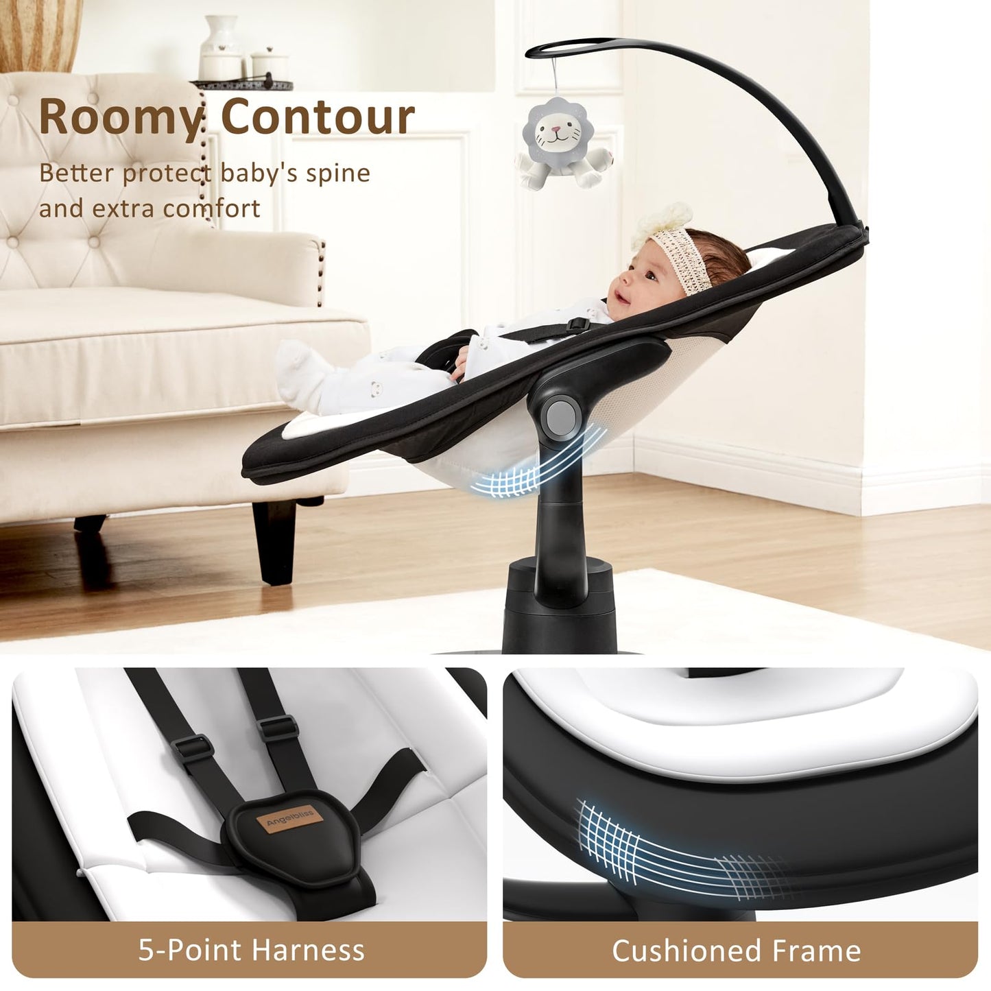 Angelbliss Baby Swing with Custom Motion, 3D-Motion Electric Swing with 6 Unique Motions & 4-Speeds, Bluetooth Enabled, 13 Preset Lullabies (Black)