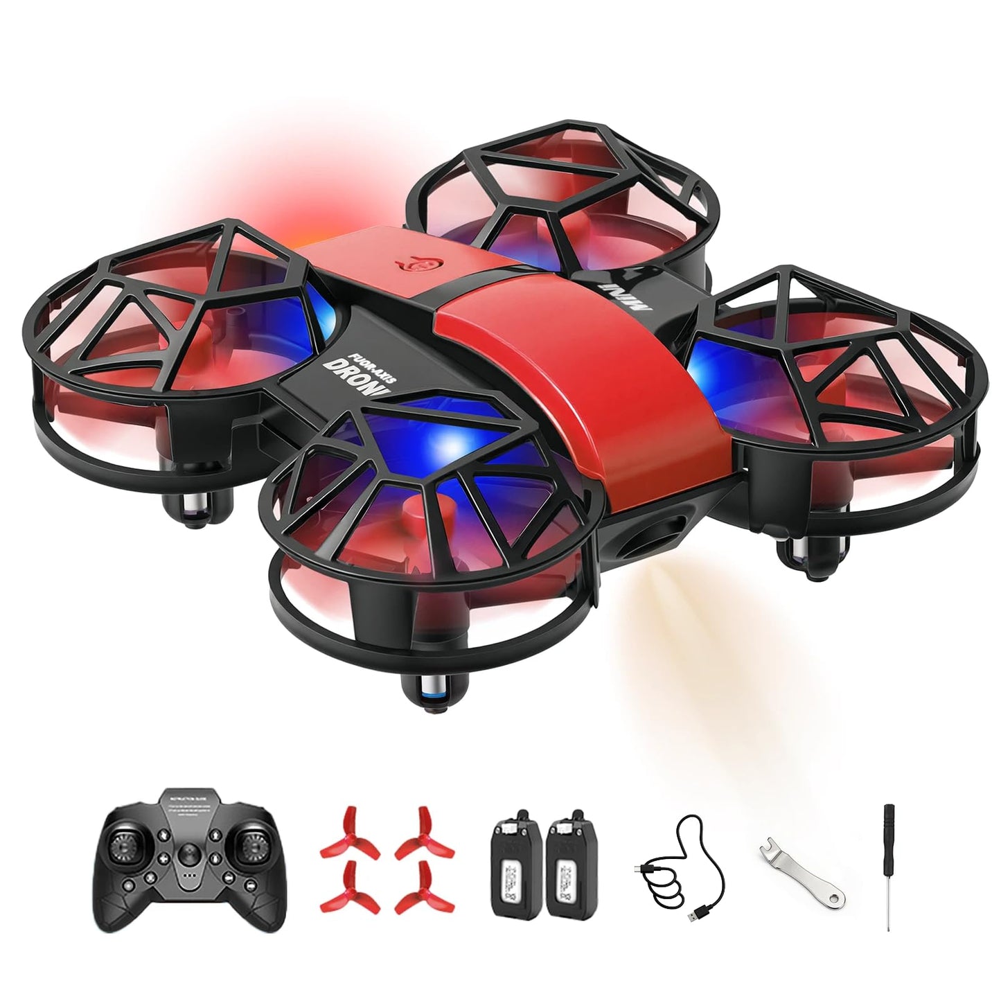 Red Mini Drone for Kids & Beginners, Indoor & Outdoor RC Quadcopter, Full Propeller Guards, LED Light, 3D Flips, One Key Start, Headless Mode, 2 Rechargeable Batteries, 21 Mins Total Flight Time, Toy Gift for Boys and Girls