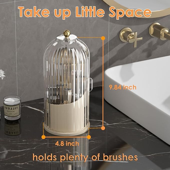 Makeup Brush Holder with Lid 360 Rotating Clear Dustproof Make Up Organizers for Vanity Bathroom Countertop, White Beige