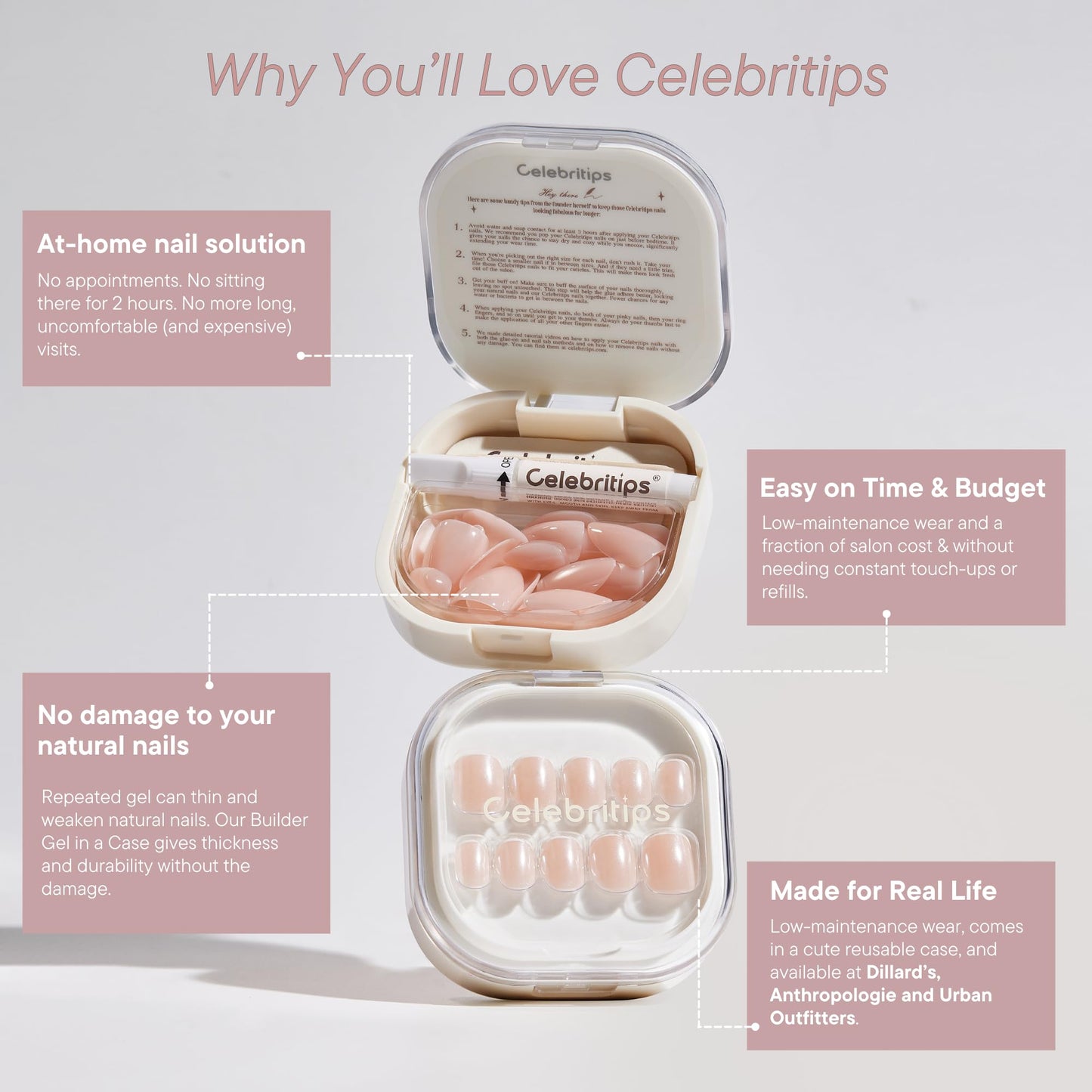 Celebritips Press On Nails - Salon U-ltimate™ | Misty Rose, Extra Short Almond Nails, Reusable | 16 sizes - 32 Nails Kit with Glue and Sticky Tabs