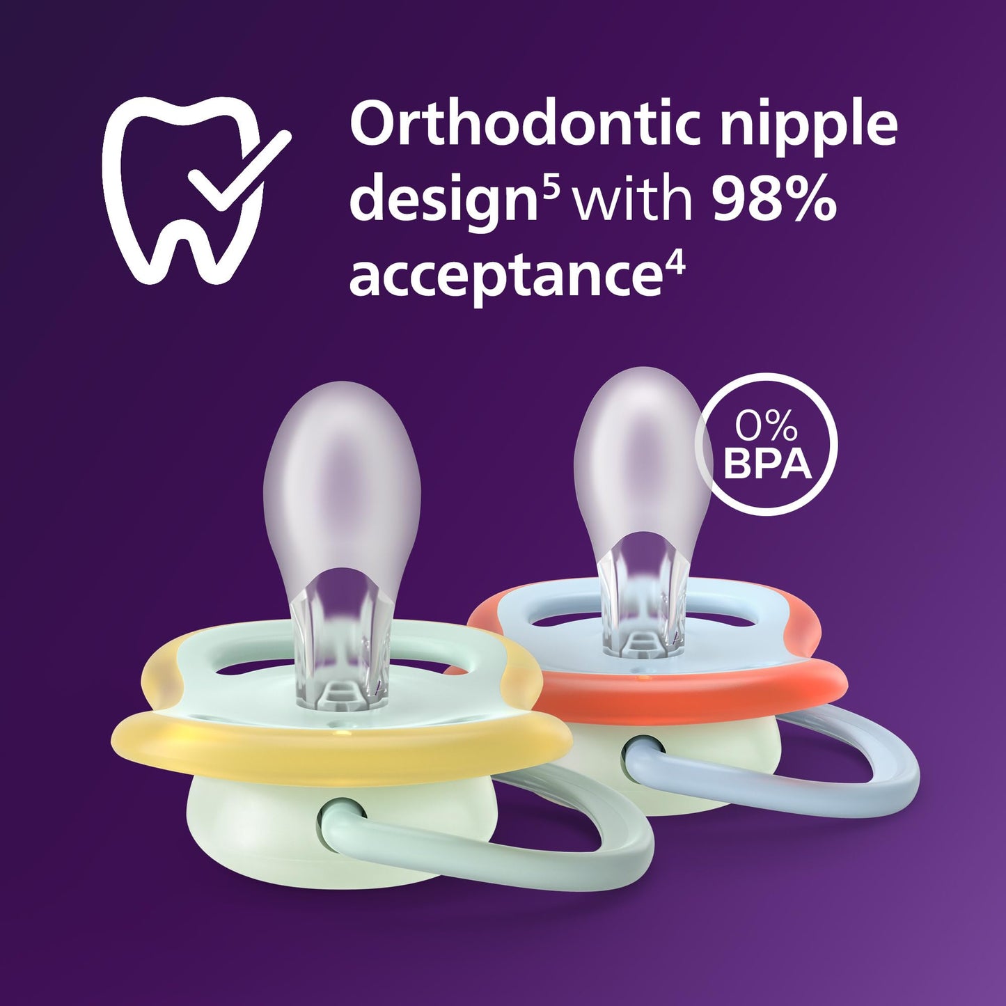 Philips Avent Ultra Air Nighttime Pacifiers - Orthodontic Design, for Babies 0-6 Months, Glow in The Dark, Soft Silicone Symmetrical Nipple, BPA-Free, 2 Sterilizing Cases, 4 Pack, SCF376/35