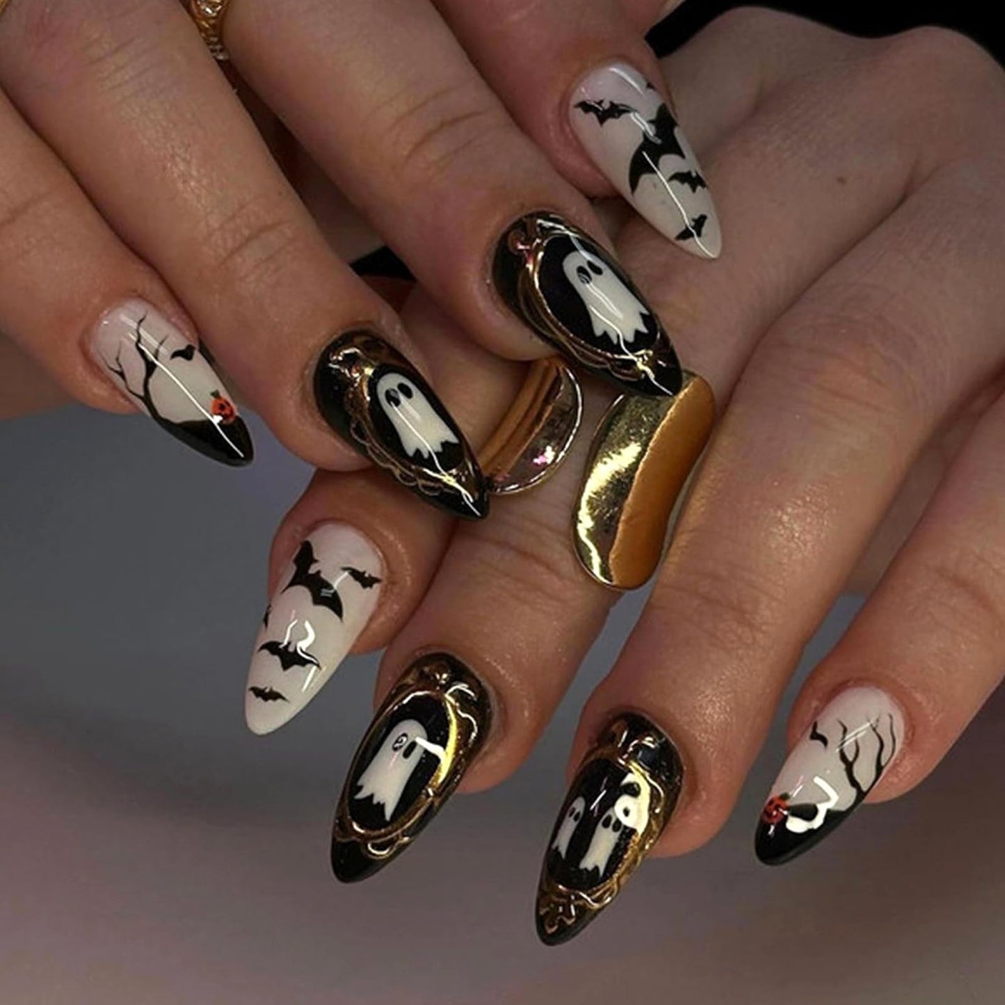 MISUD Press on Nails - Medium Almond Glue on Nails with Goth Bat, Acrylic Gothic Ghost Design 24 pcs