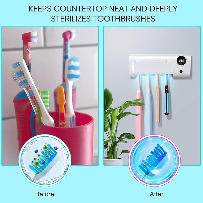 StarWin UV Toothbrush Cleaner, Timer Function, Rechargeable Tooth Brush Holder Wall-Mounted for Bathroom, No Drilling, 4 Slots