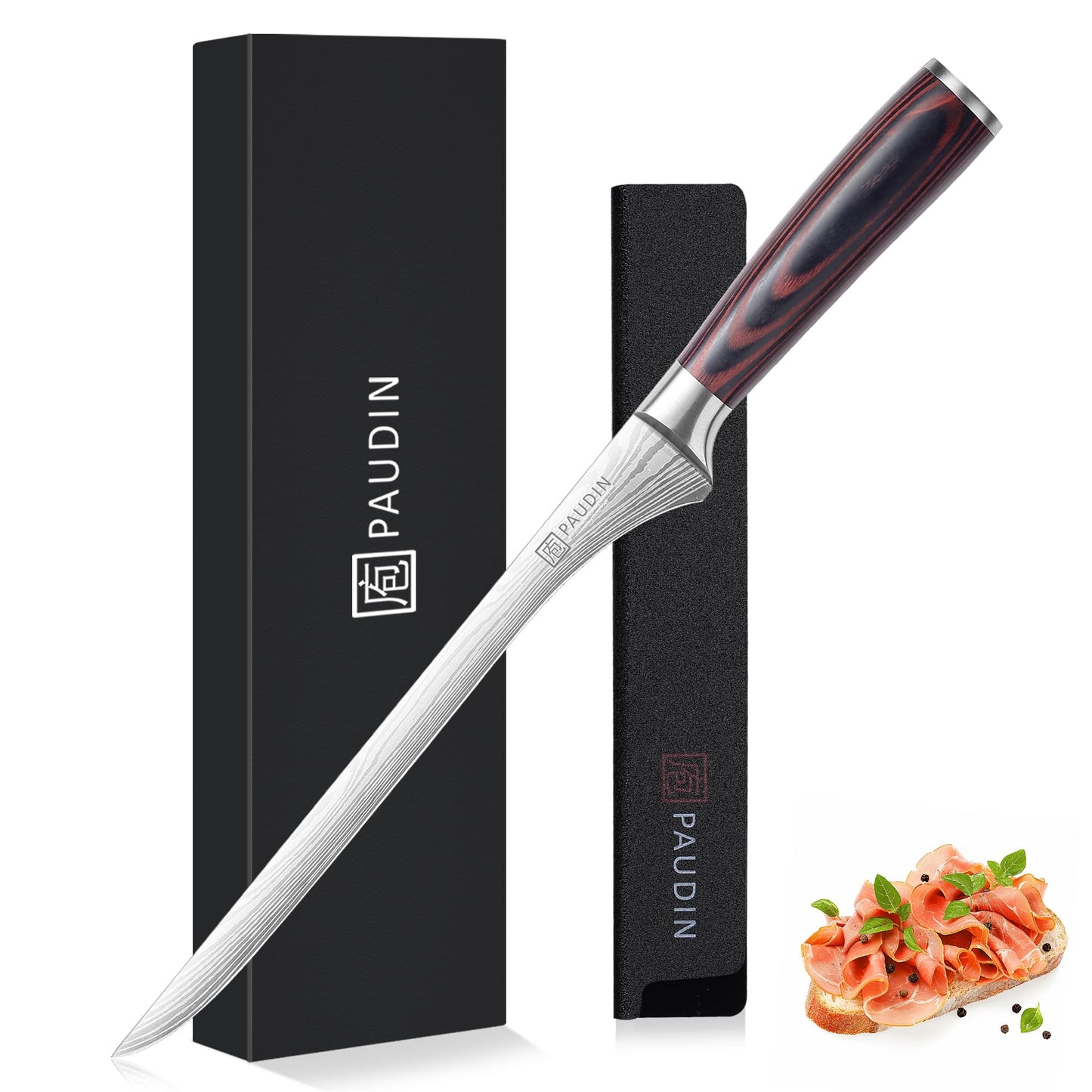 PAUDIN 10 Inch Ham Slicing Knife, Professional Carving Knife for Meat, High Carbon Stainless Steel, Ergonomic Pakkawood Handle with Sheath, Ultra Sharp Blade for Prosciutto/Jamon Serrano, Gift Box